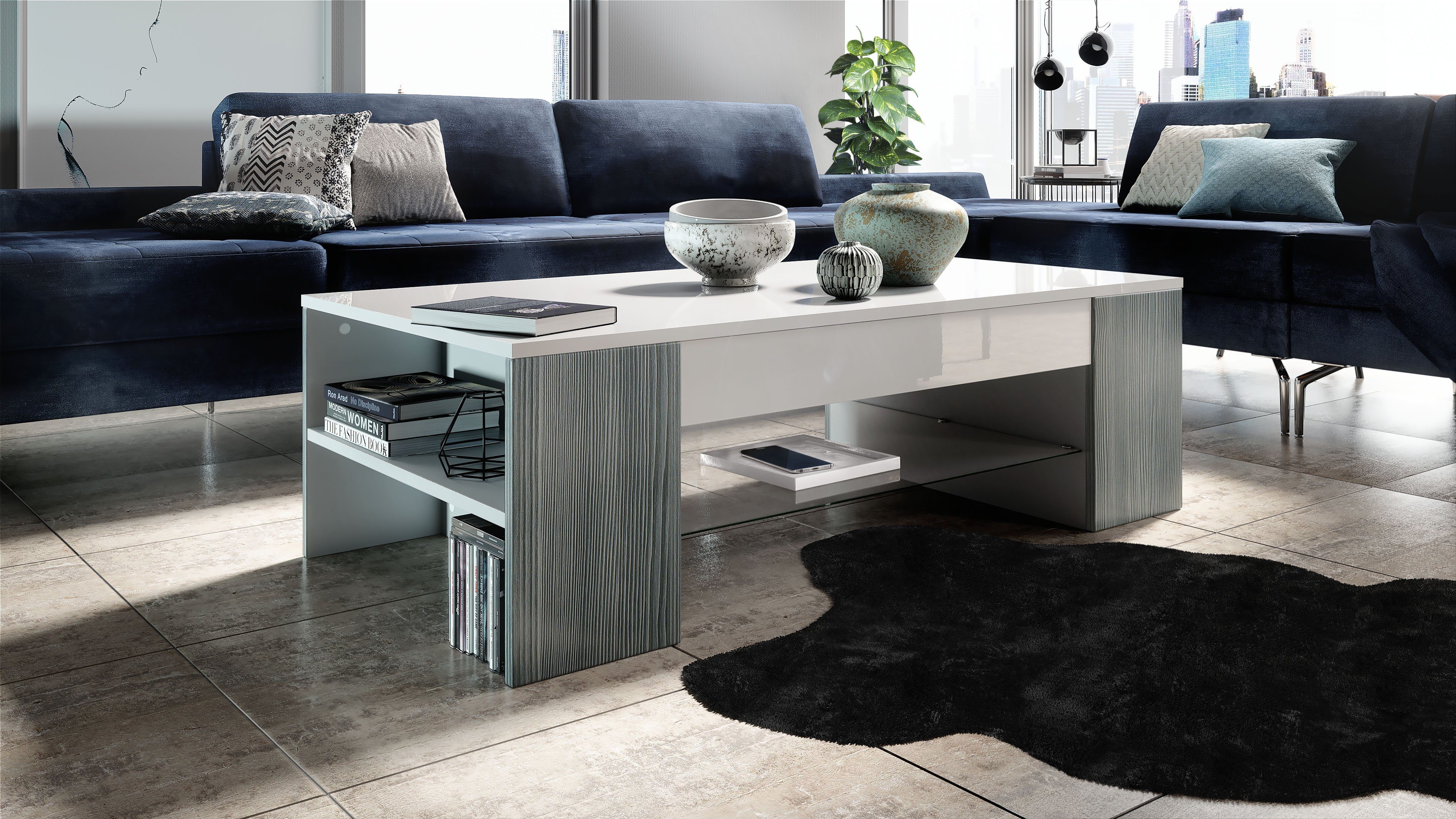 Vladon Couchtisch Clip (Wohnzimmertisch, mit 2 Seitenfächern und 1 Glasplat günstig online kaufen