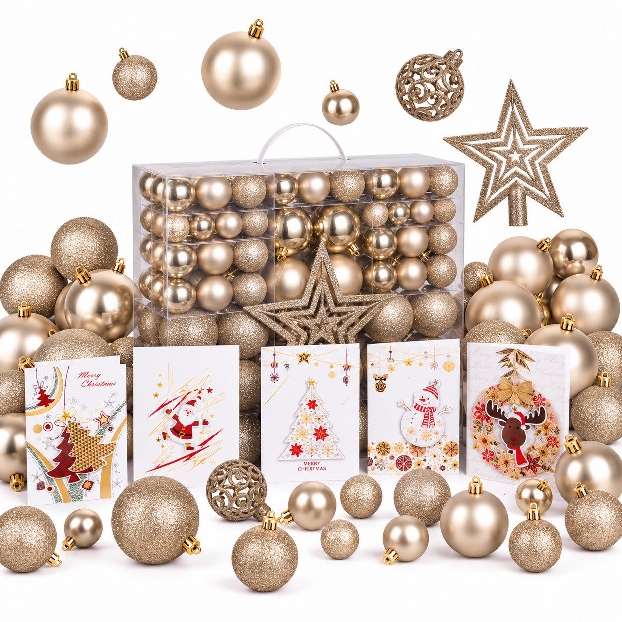 Onbest Weihnachtsbaumkugel Weihnachtskugeln 128-teiliges Set PLUS 5x Karten & 1x Baumspitze, in 3 Größen, 3 Designs, Weihnachtsschmuck Weihnachtsdeko