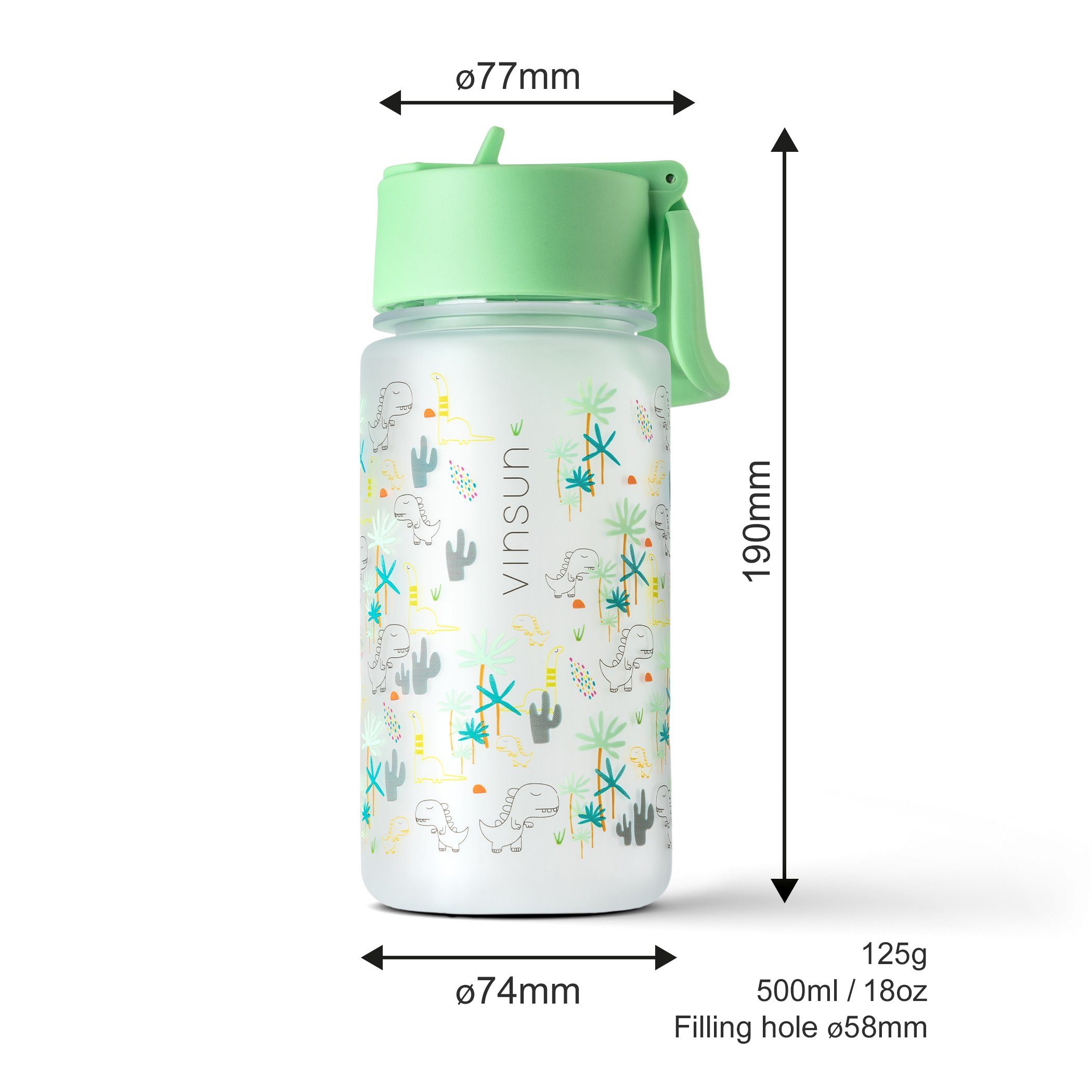 Strohhalm frei, Weiß Trinkflasche Auslaufsicher BPA Trinkflasche bruchsicher, Kinder und 500ml - Geruchs- auslaufsicher, Vinsun Geschmacksneutral - mit Dinosaurier,