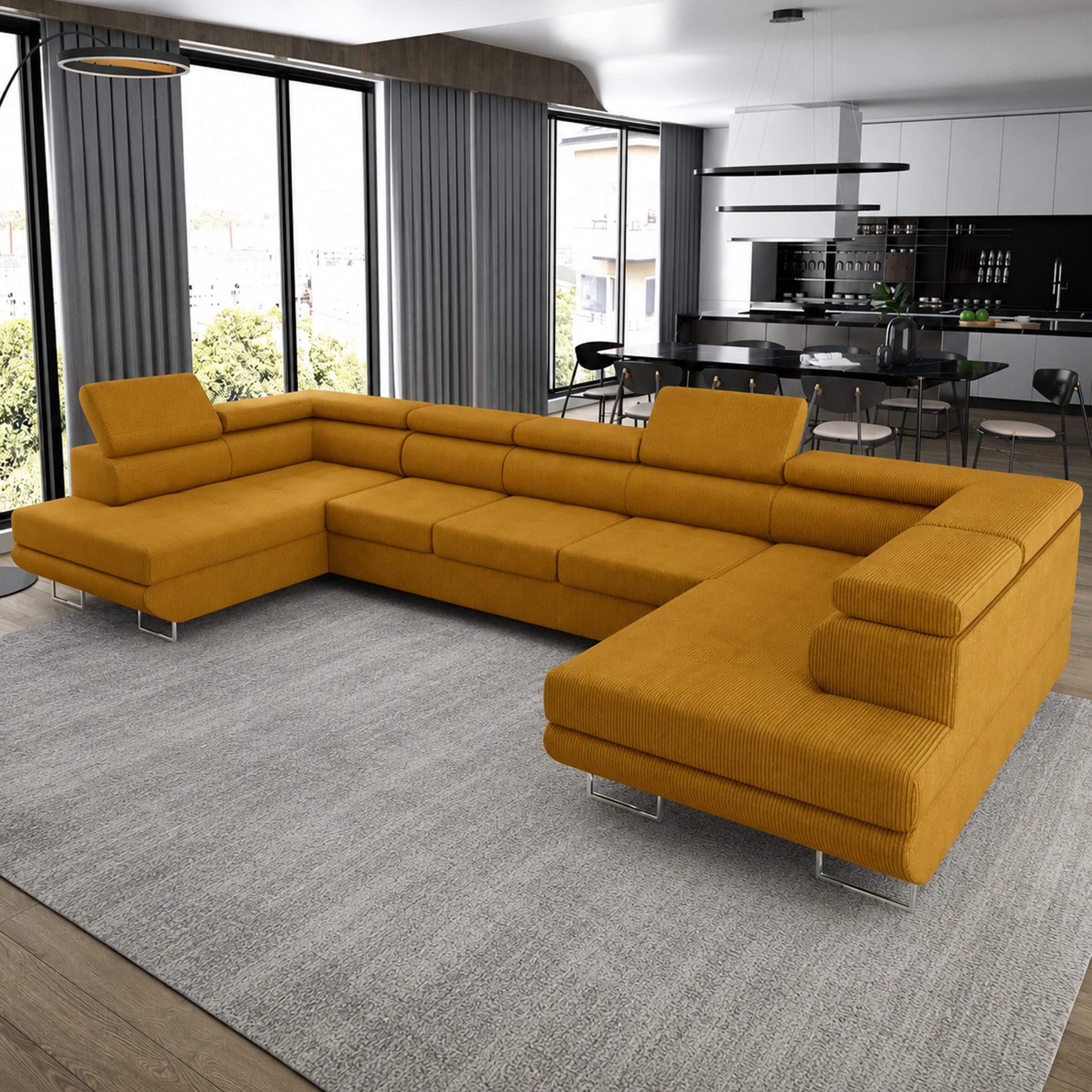 Goldstoff Wohnlandschaft "ASTON" U Form mit Schlaffunktion XXL Couch Sofa, Komfortable U Form Couch mit Bettkasten und Schlaffunktion 1 Teile, U Form Sofa mit Bettkasten moderne Wohnlandschaft Couch XXL