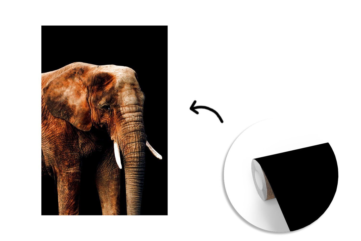 Wandtapete Terrakotta, - (3 St), Montagefertig Elefant MuchoWow Fototapete für Wohnzimmer, - Tapete Schwarz Matt, bedruckt, Vinyl
