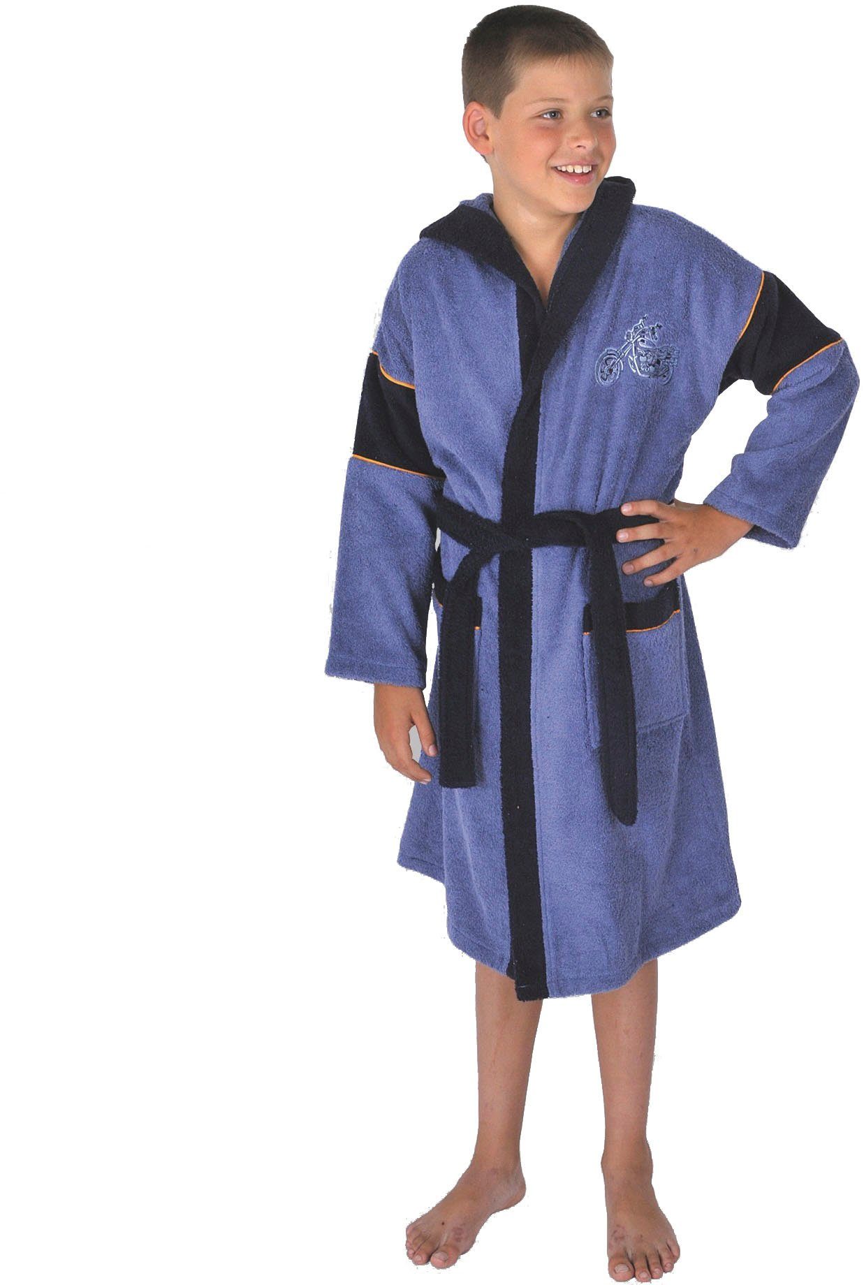 Wörner Kinderbademantel Motorrad jeans, Langform, Baumwolle, Kapuze, Gürtel, mit Stickerei, mit Taschen, maschinenwaschbar, trocknergeeignet