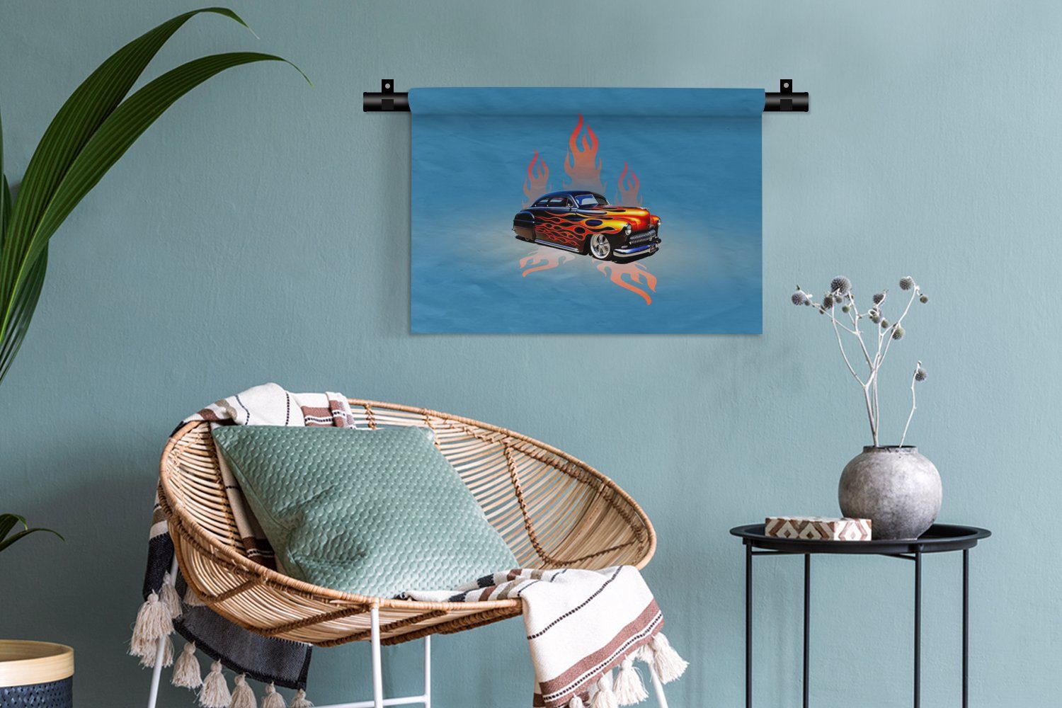 Blau Wandbehang, Flammen Wanddeko - - für - Vintage, Kinderzimmer Feuer Kleid, Schlafzimmer, - Wohnzimmer, MuchoWow Wanddekoobjekt Auto