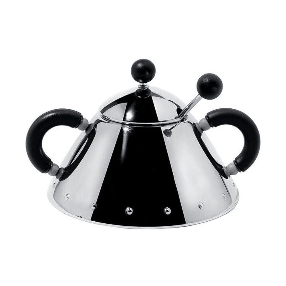 Alessi Zuckerdose Zuckerdose mit Löffel schwarz Michael Graves Black Edition, Edelstahl 18-10, thermoplastisches Harz, (Set, 3-tlg), Zuckerdose mit Löffel schwarz Michael Graves Black Edition, 3-tlg.