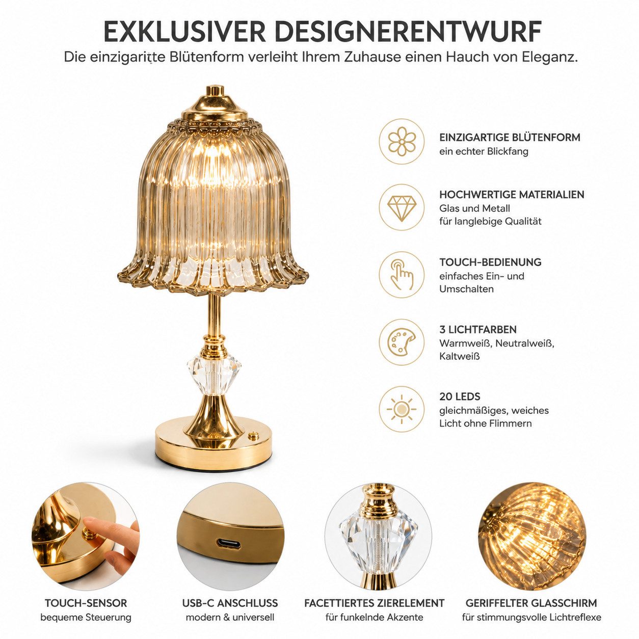 Fyrove LED Nachttischlampe LED-Tischleuchte mit Glasschirm, USB-C aufladbar, 3 Lichtfarben, Touch-Sensor, 20 LEDs, Retro-Blütendesign, Gold – Bild 2 von 5