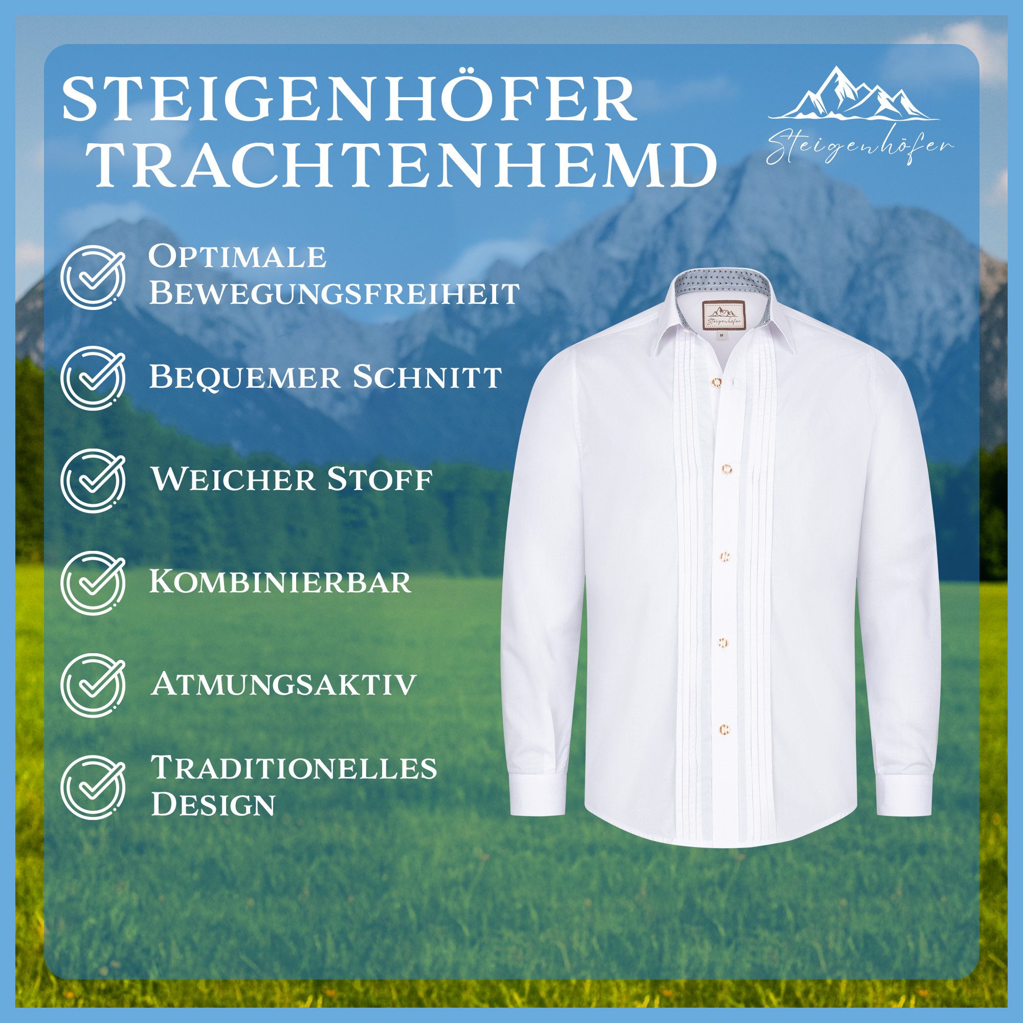 Steigenhöfer Manufaktur Trachtenhemd Langarm - Victor - Herren Hemd mit Kentkragen & Hornoptik-Knöpfe Traditionell bayrisches Hemd mit angenehmen Tragekomfort - Oktoberfest