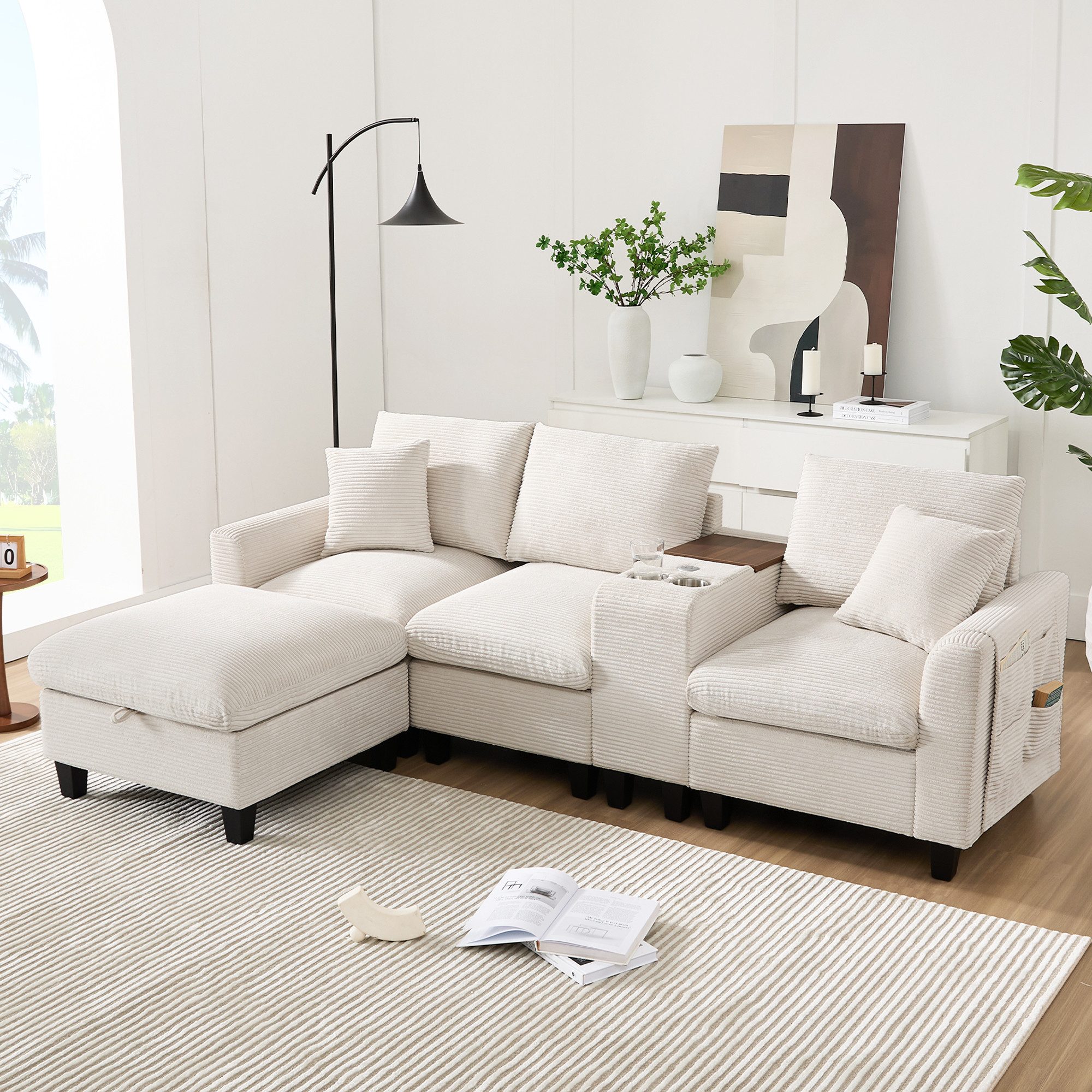 STILVORA Ecksofa mit Konsole,Schlafsofa L-förmiges Sofa mit Becherhaltern&Stautaschen, Set, mit USB Ladeanschlüssen,Aufbewahrungstasche, Kissen, 2 Becherhaltern
