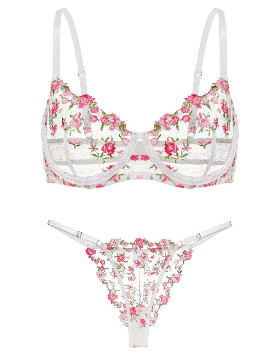 Elegant Love Set: Bügel-BH Dessous-Set, Mesh Damenunterwäsche set (Set, 2-tlg., mit Tanga) Elegantes Lingerie-Set – Zartes BH-Set mit Blumenmuster & String