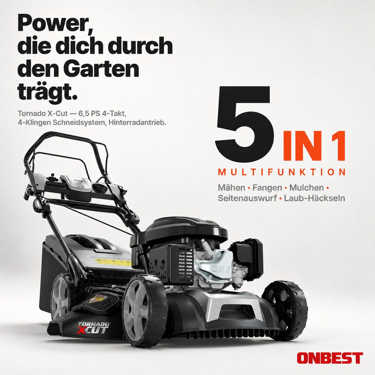 Onbest Benzinrasenmäher 5in1 mit Radantrieb Elektrostart Tornado X-Cut, 53.00 cm Schnittbreite, 6,5PS, Doppelmesser mit Sograd