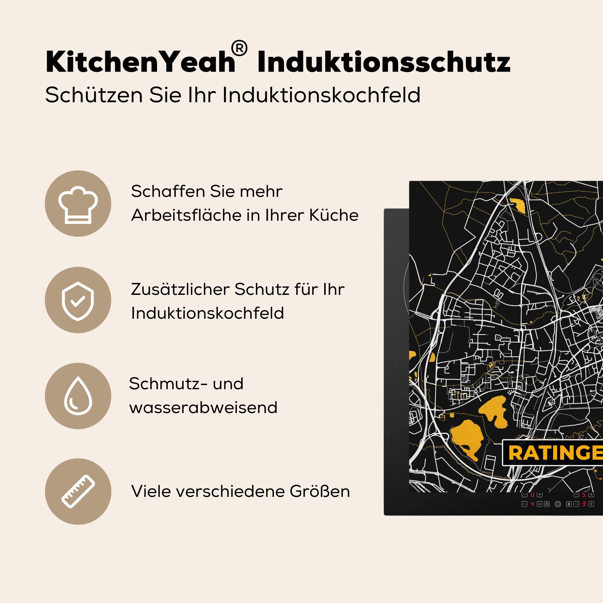 MuchoWow Herdblende-/Abdeckplatte Deutschland cm, für - - Ratingen küche Schwarz Vinyl, - Stadtplan tlg), Gold Ceranfeldabdeckung, Karte, - (1 78x78 und Arbeitsplatte