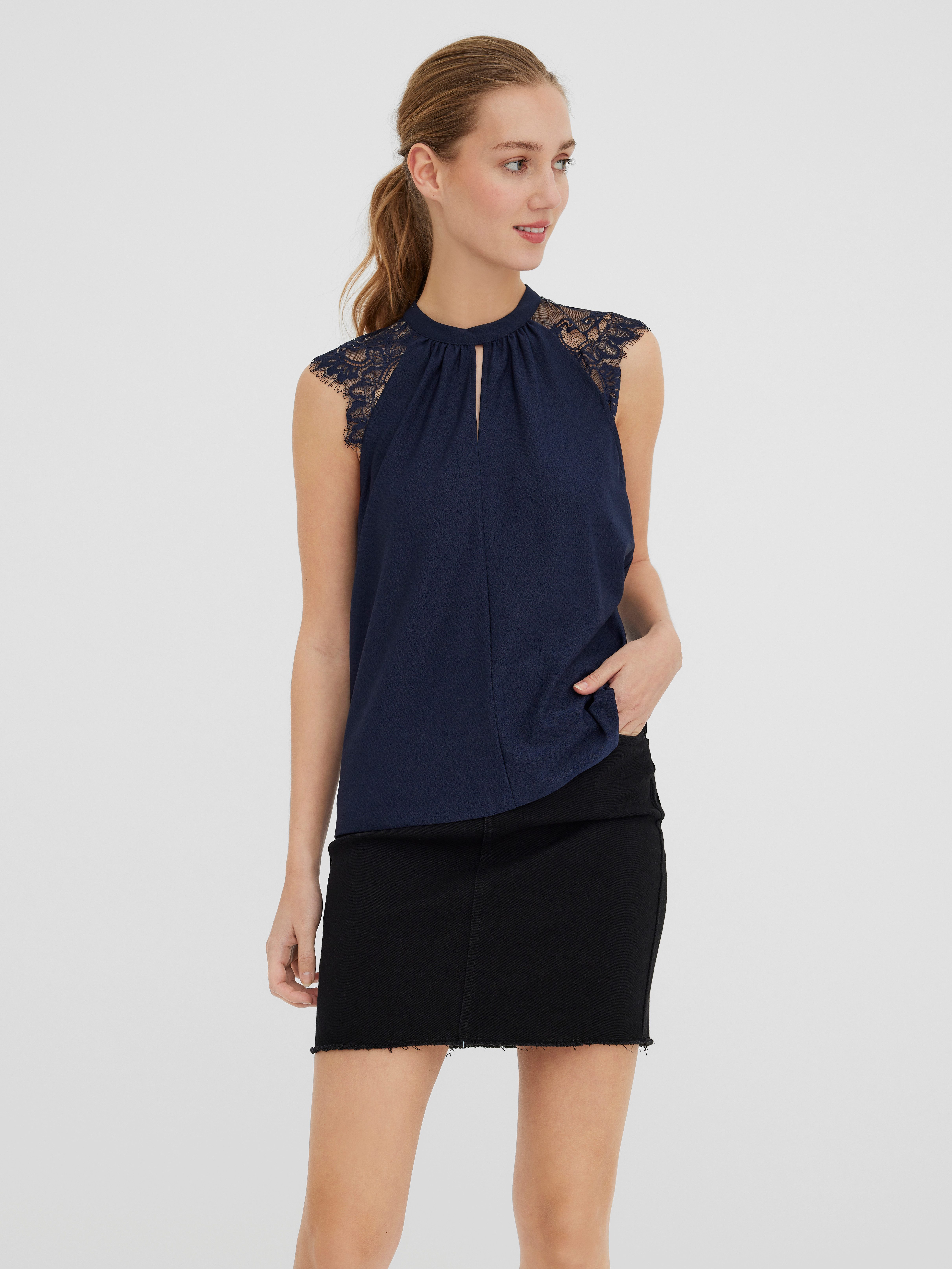Vero Moda Spitzentop VMMILLA SL LACE TEE Materialmix, regular fit