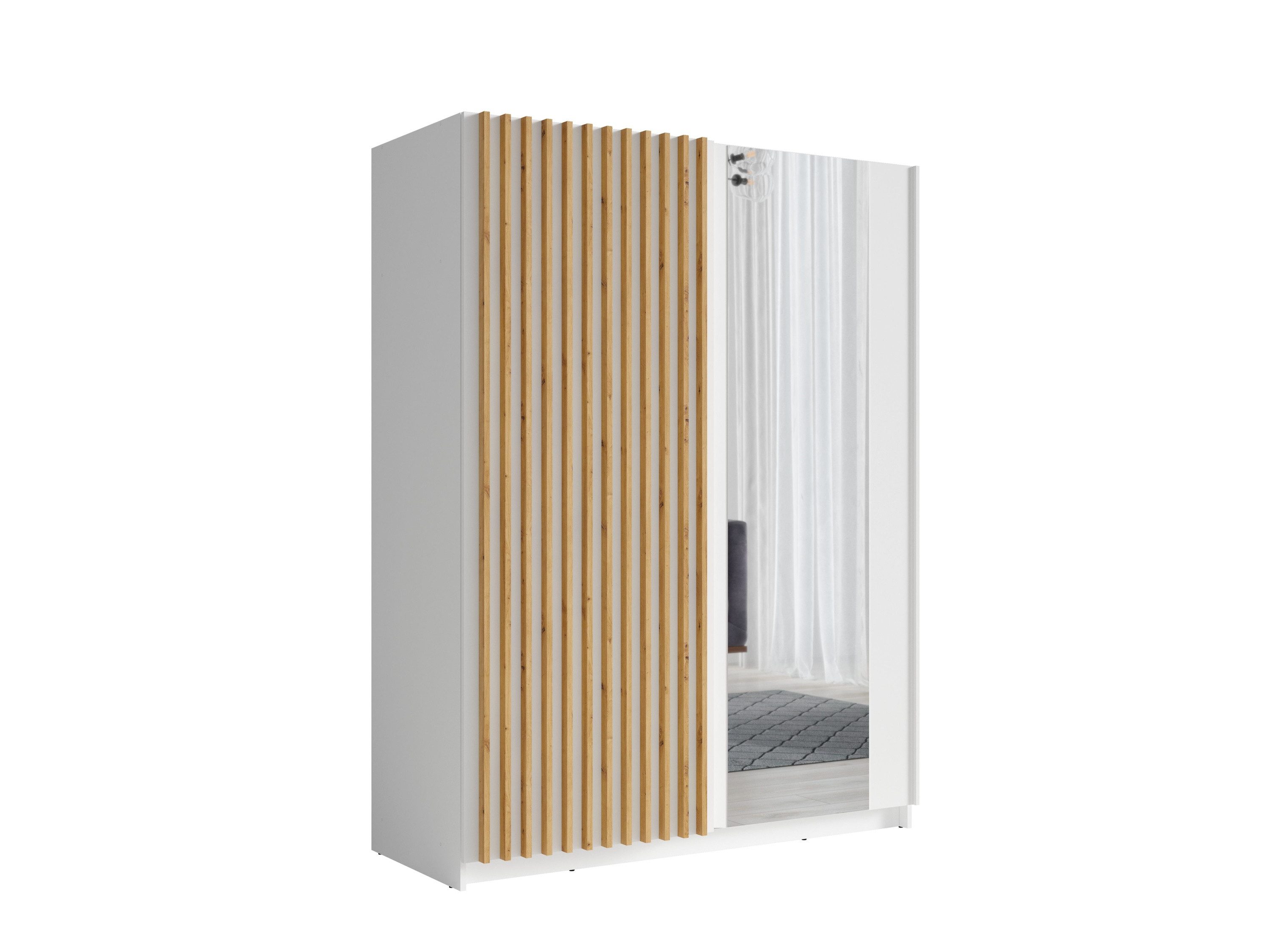 Raumhirsch Furniture Kleiderschrank Garderobenschrank, Schwebetürenschrank, Schrank mit Spiegel (Maße: 150 x 55 x 198,5 cm, einfache Montage, stabile Konstruktion) Schiebetüren, Lamellen, Kleiderstange