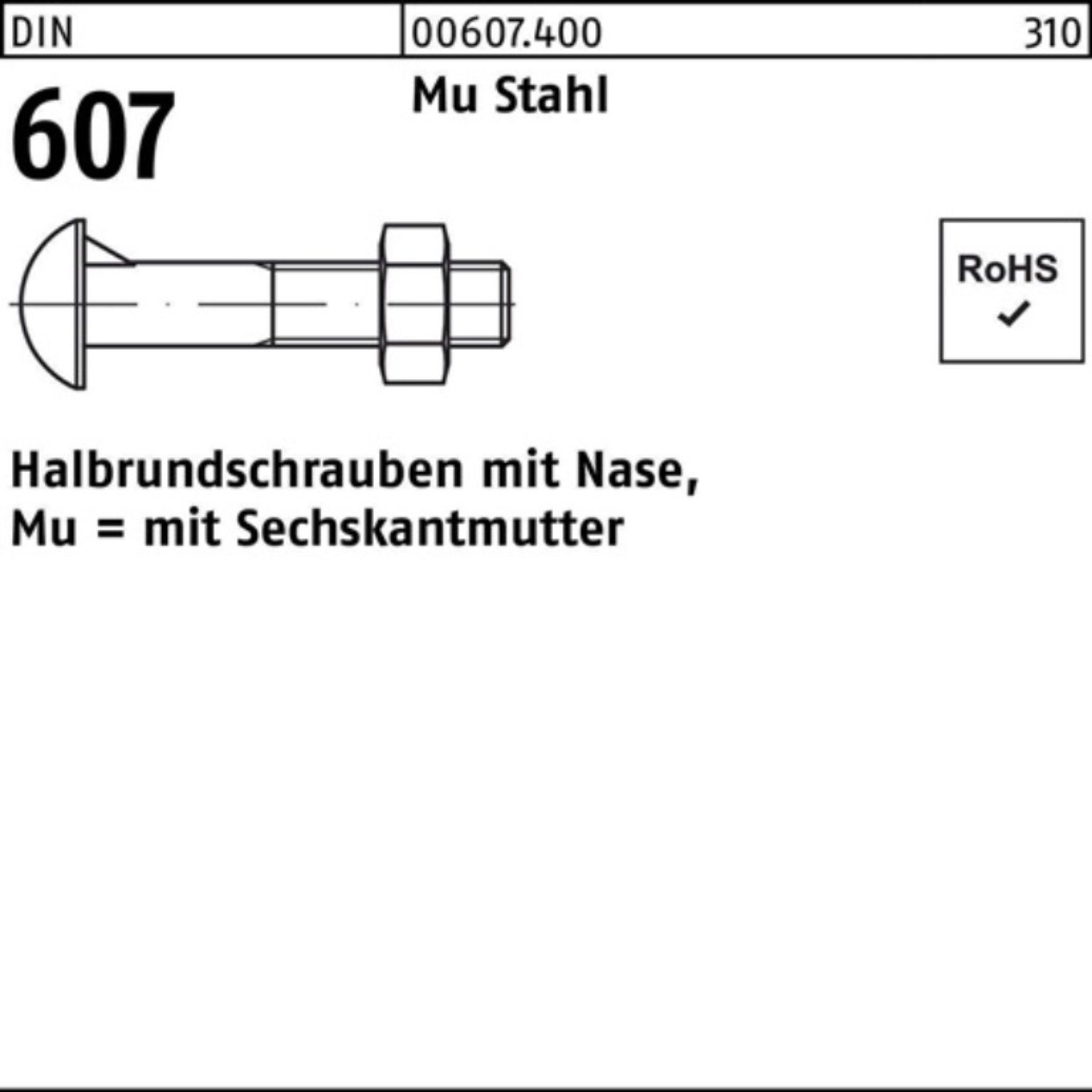 Reyher Schraube 200er Pack Halbrundschraube DIN 607 Nase/6-ktmutter M10x 25 Mu Stahl 4