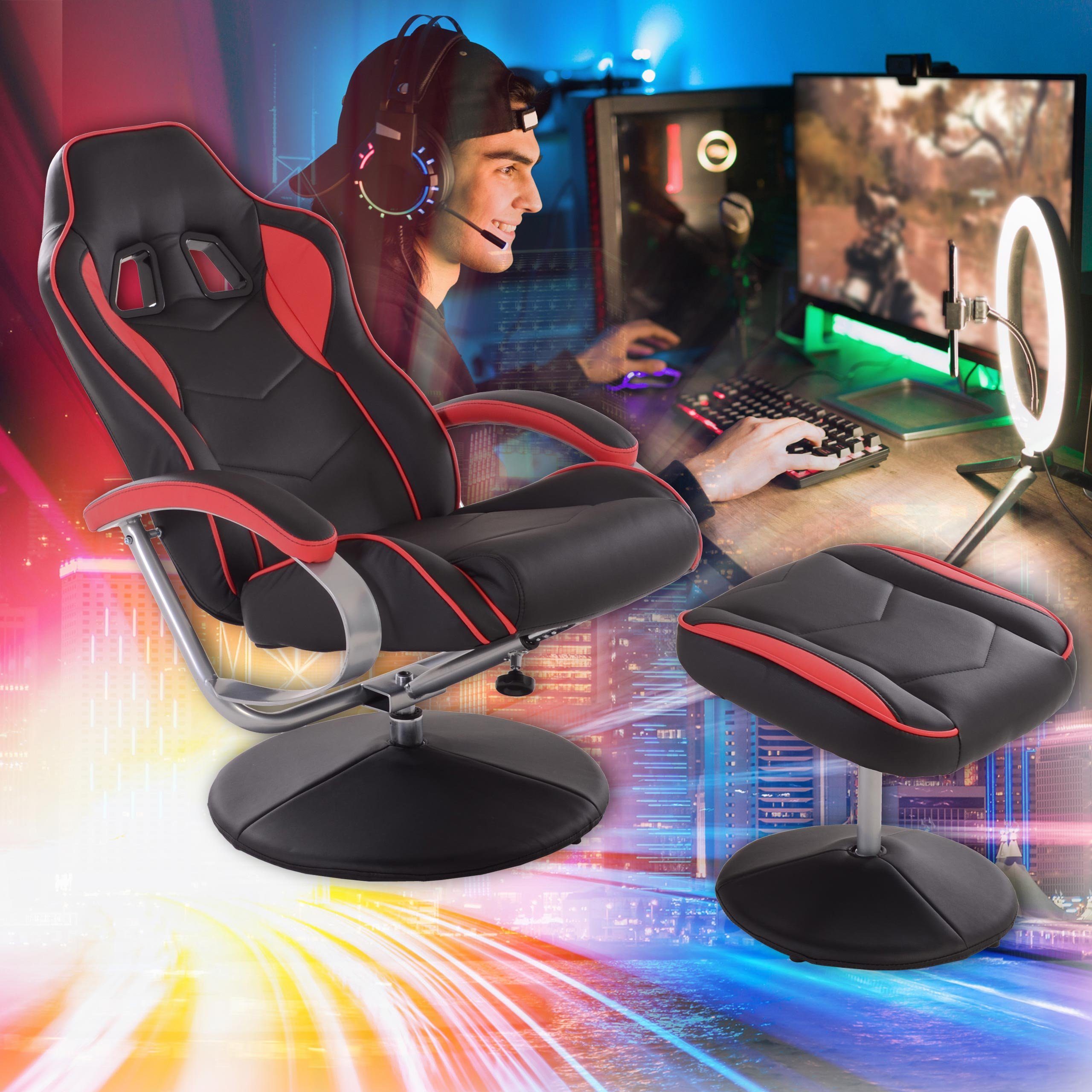 Raburg Gaming-Stuhl Sessel-Set DRIFT Sport in Soft-Touch Kunstleder, verschiedene Farben, mit Hocker & mit Relaxfunktion SCHWARZ-ROT