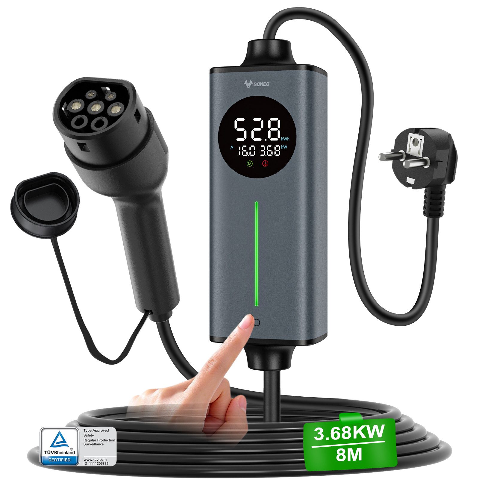 GONEO Elektroauto-Ladestation, Typ 2 Ladekabel Schuko, 3,7kW / 16A, 1-phasig, Tragbares Elektroauto-Ladegerät, Einstellbare Ladeleistung & Timer