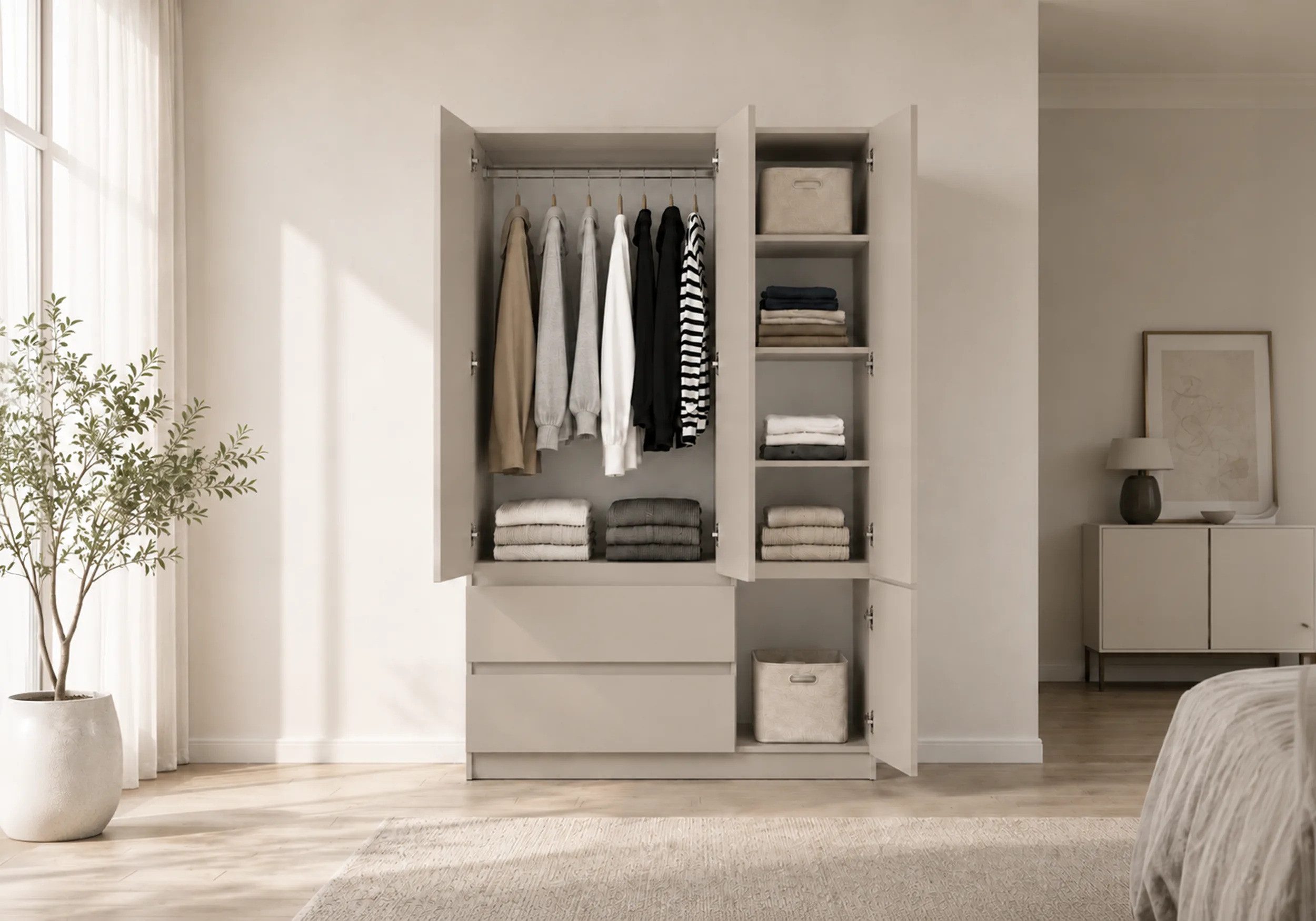 MOEBLO Drehtürenschrank LOSKO 4D2S (Kleiderschrank -120 cm breit, mit 4 Türen, 2 Schubladen, 5 Einlegeböden und Kleiderstange, grifflos) (BxHxT): 120 x 180 x 50 – Bild 2 von 5