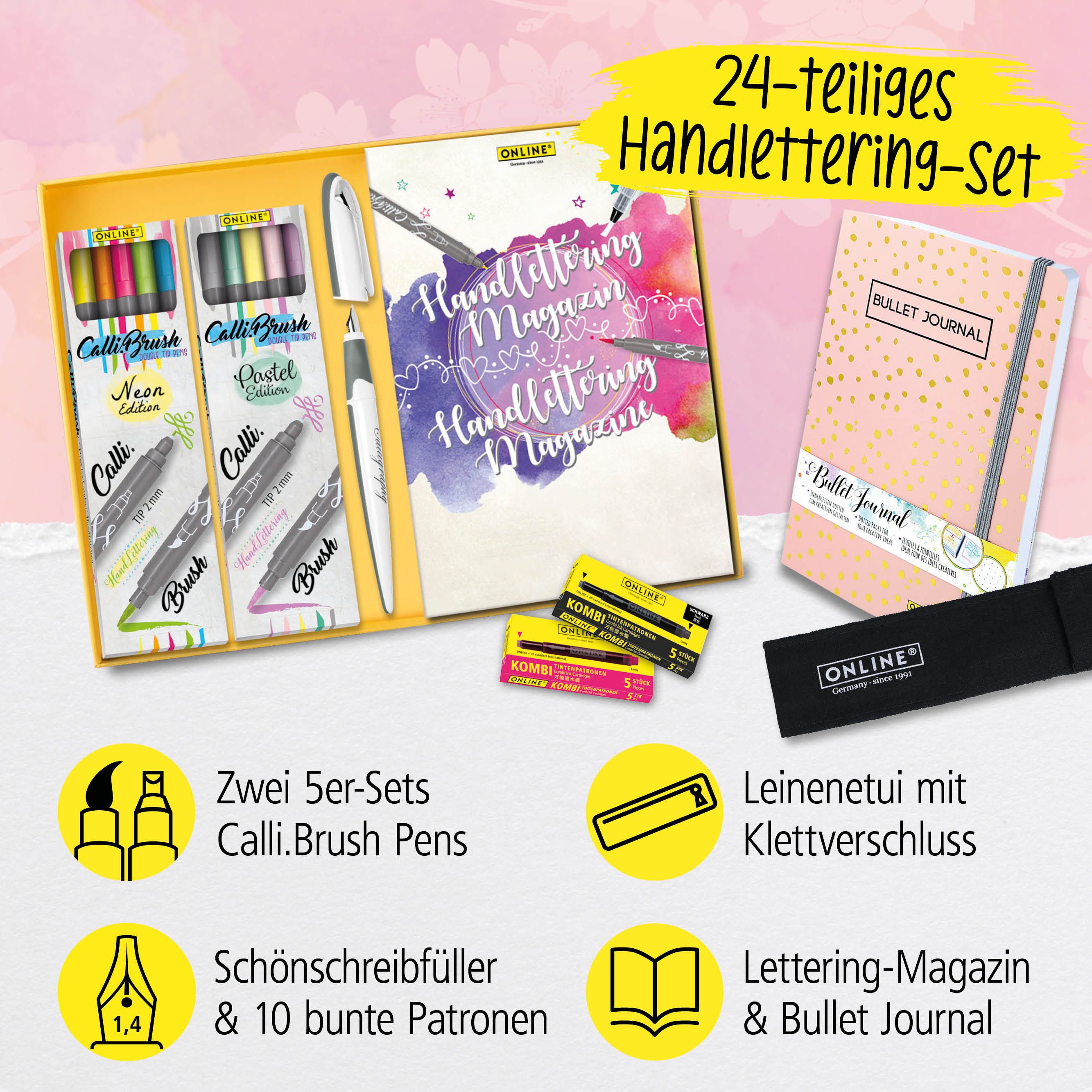 Online Pen Kreativset Handletteringset, (Aquarell-Malset für Handlettering, Kalligrafie oder Zeichnen, Aquarell-Block, 10x Calli.Brush Pens, Waterbrush-Pen, Aquarell-Magazin), in Geschenbox