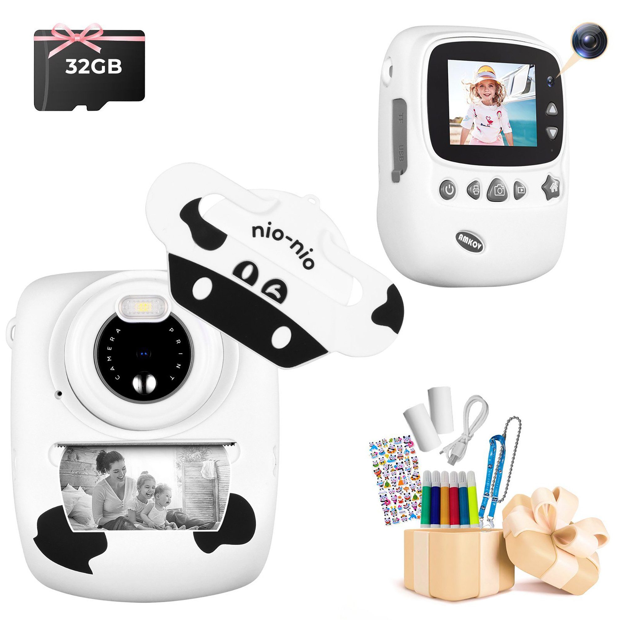 Fine Life Pro CD-P01B Kinderkamera (30 MP, 0x opt. Zoom, inkl. 6 farbigen Pinselstiften + 2 Rollen Druckpapier + Aufkleber, automatische Abschaltung)