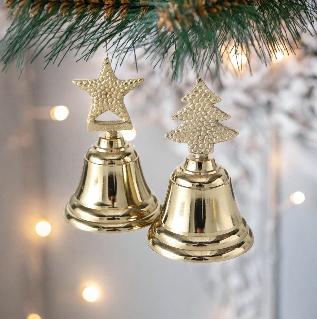 BOLTZE Dekoobjekt Metall Tischglocke 2er Set, Gold Stern & Weihnachtsbaum H11 cm, Ø7 cm