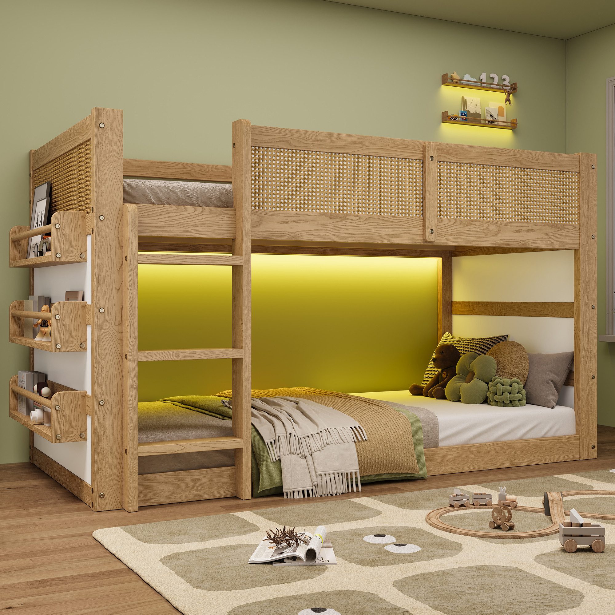 TavilaEcon Hochbett Kinderbett mit dreistufige Treppe, Ablage und LED-Lichtleiste (1-St) im modernes Rattan-Design, 90×200cm, Natur+Weiß