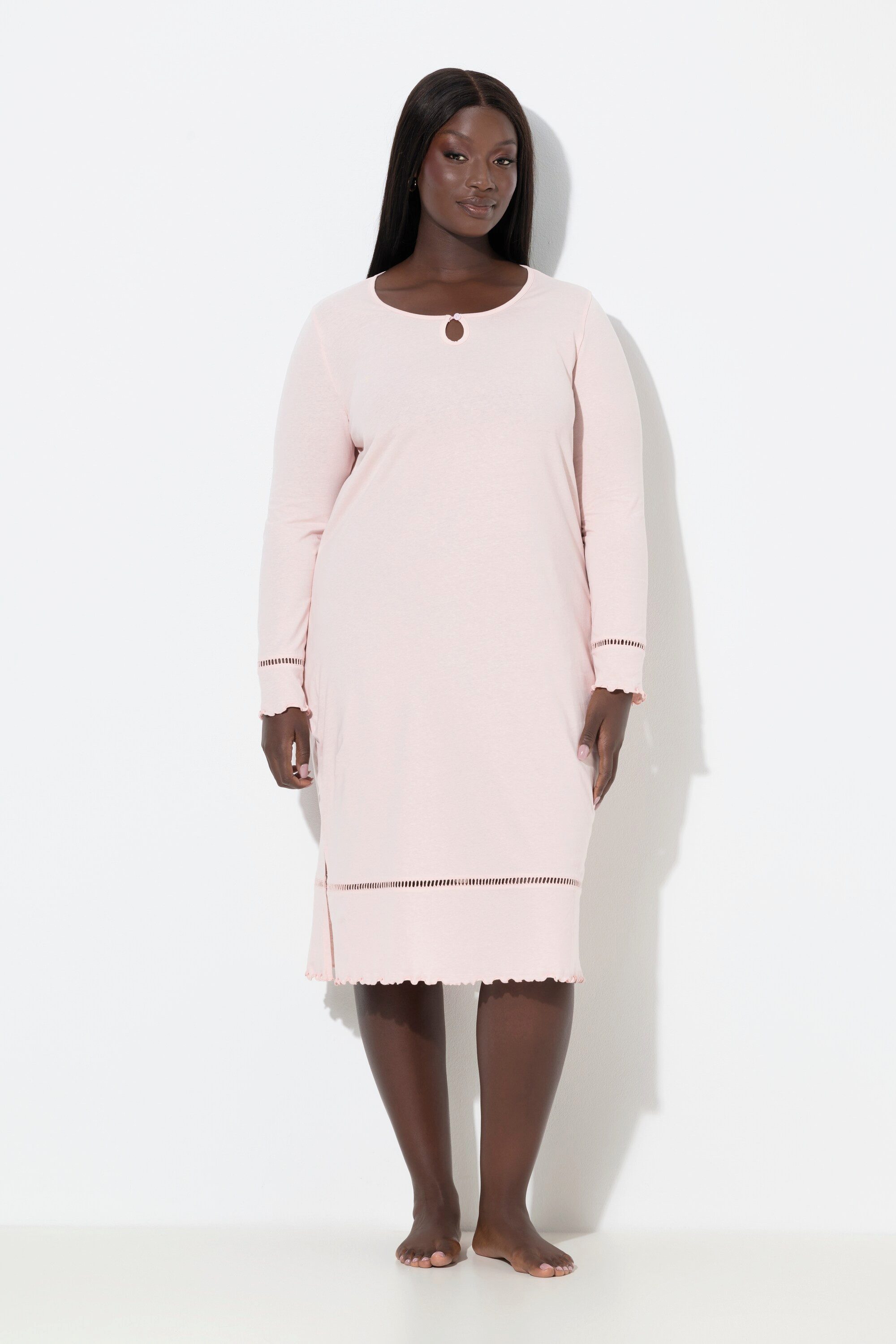 Ulla Popken Nachthemd Nachthemd Hohlsaum Wellenkanten Langarm günstig online kaufen