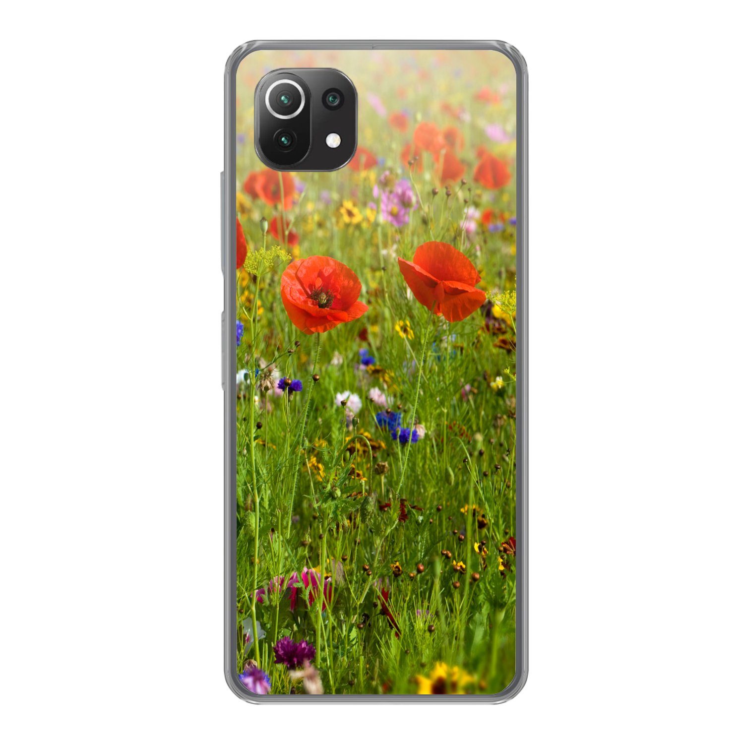 MuchoWow Handyhülle für Xiaomi 11T Frühling - Blumen - Rot - Mohn - Gras - Grün, Phone Case, Silikon, Schutzhülle Dünn
