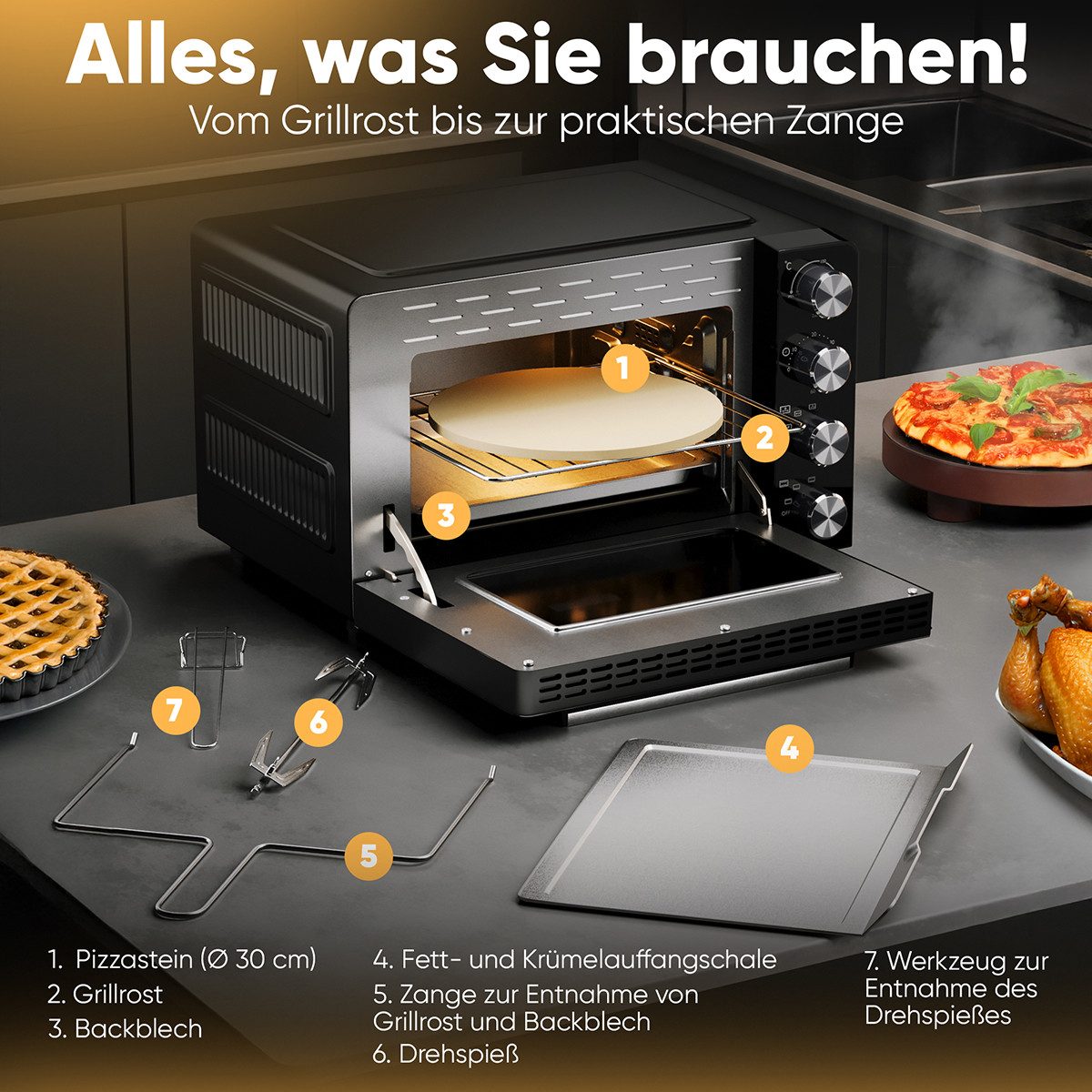 ProfiCook Minibackofen PC-MBG 1277, 30L, Ober-/Unterhitze, Umluft, Drehspieß