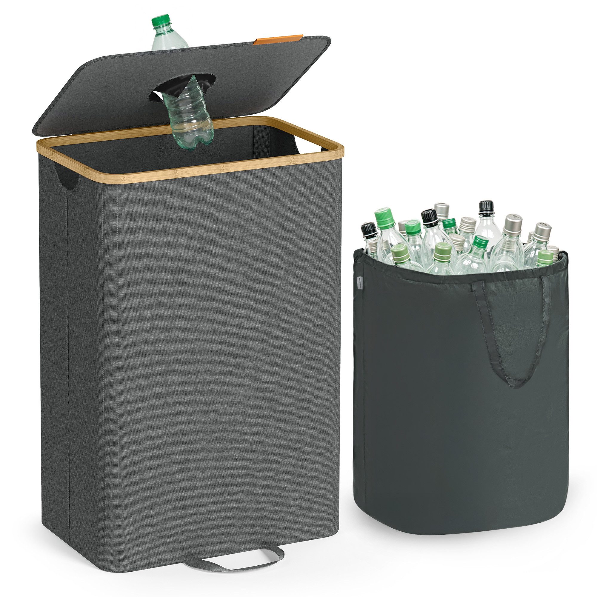 SONGMICS Flaschenkorb Pfandflaschen-Sammelbehälter, Flaschensammler Leergut, Küche, 95 L Pfandflaschen-Behälter, mit Loch, Deckel, Innensack mit Griffen