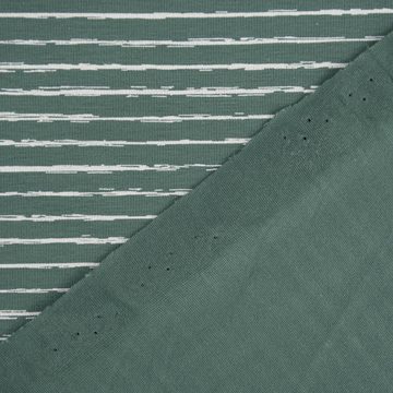 SCHÖNER LEBEN. Stoff Baumwolljersey Jersey Streifen unregelmäßig altgrün weiß 1,45m, allergikergeeignet