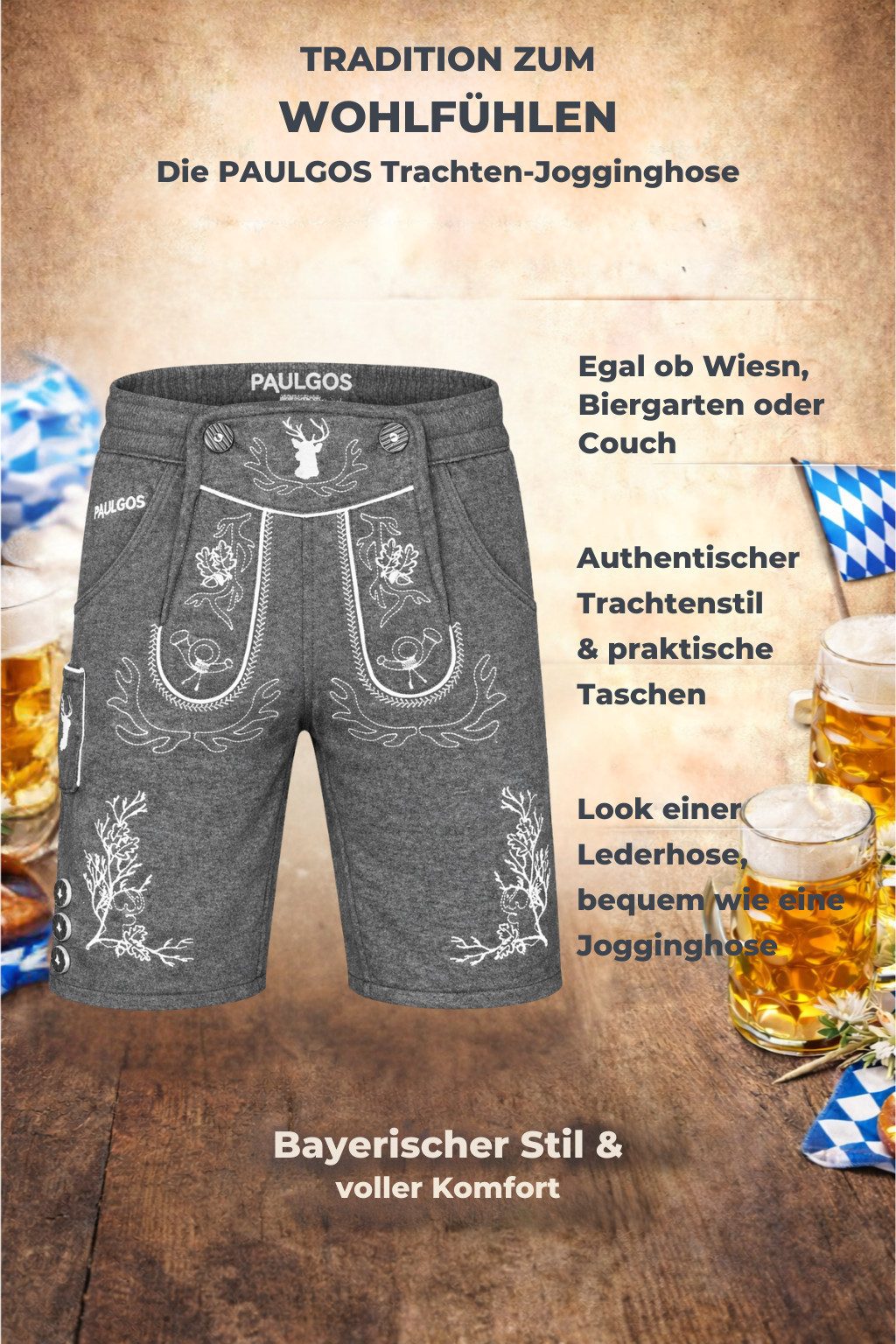 PAULGOS Trachtenhose Herren Jogginghose Design Lederhose Kurz Sweathose Bermuda Shorts JOK3