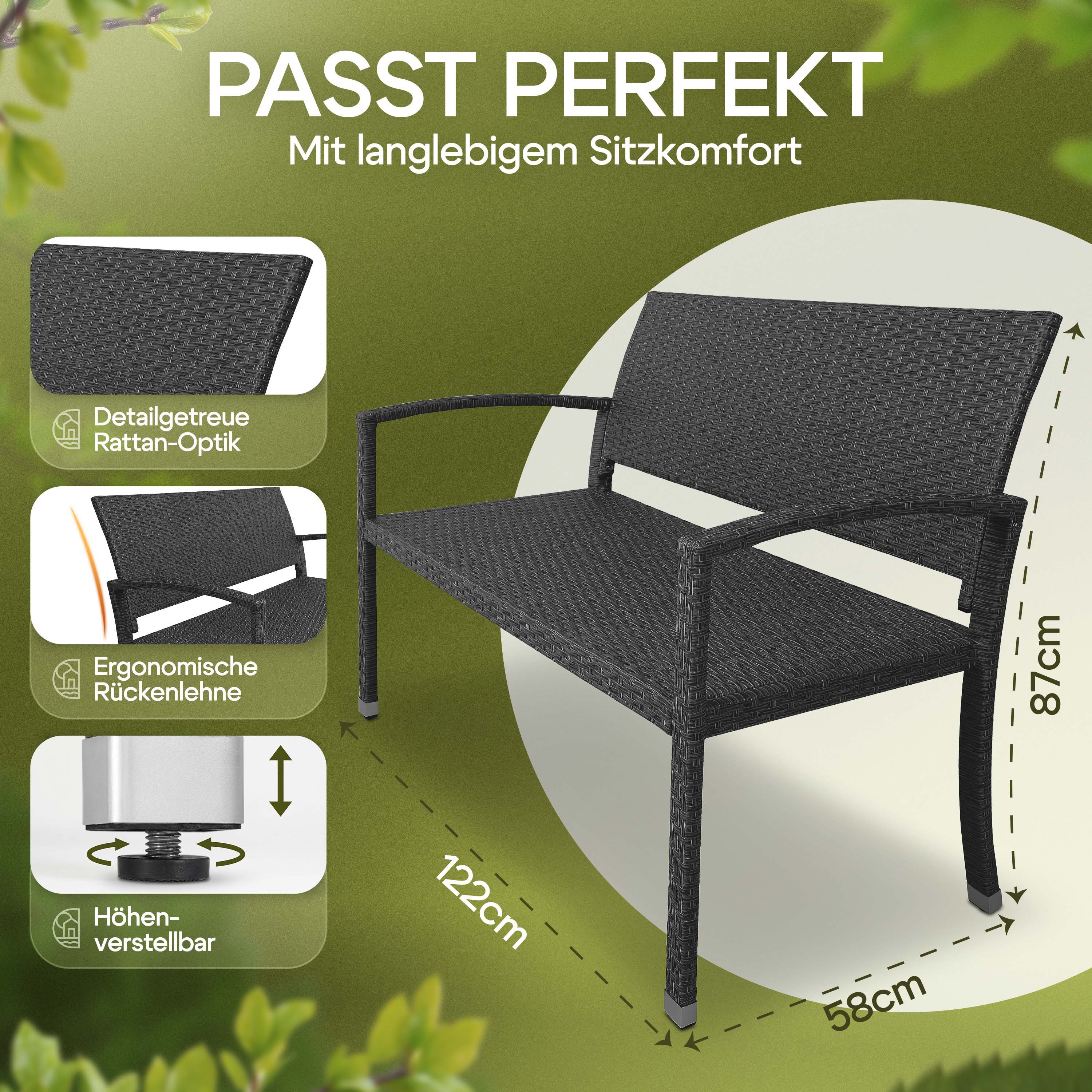 Casaria Gartenbank, Sitzbank Wetterfest 320kg Belastbar Garten Bank Polyrattan Schwarz