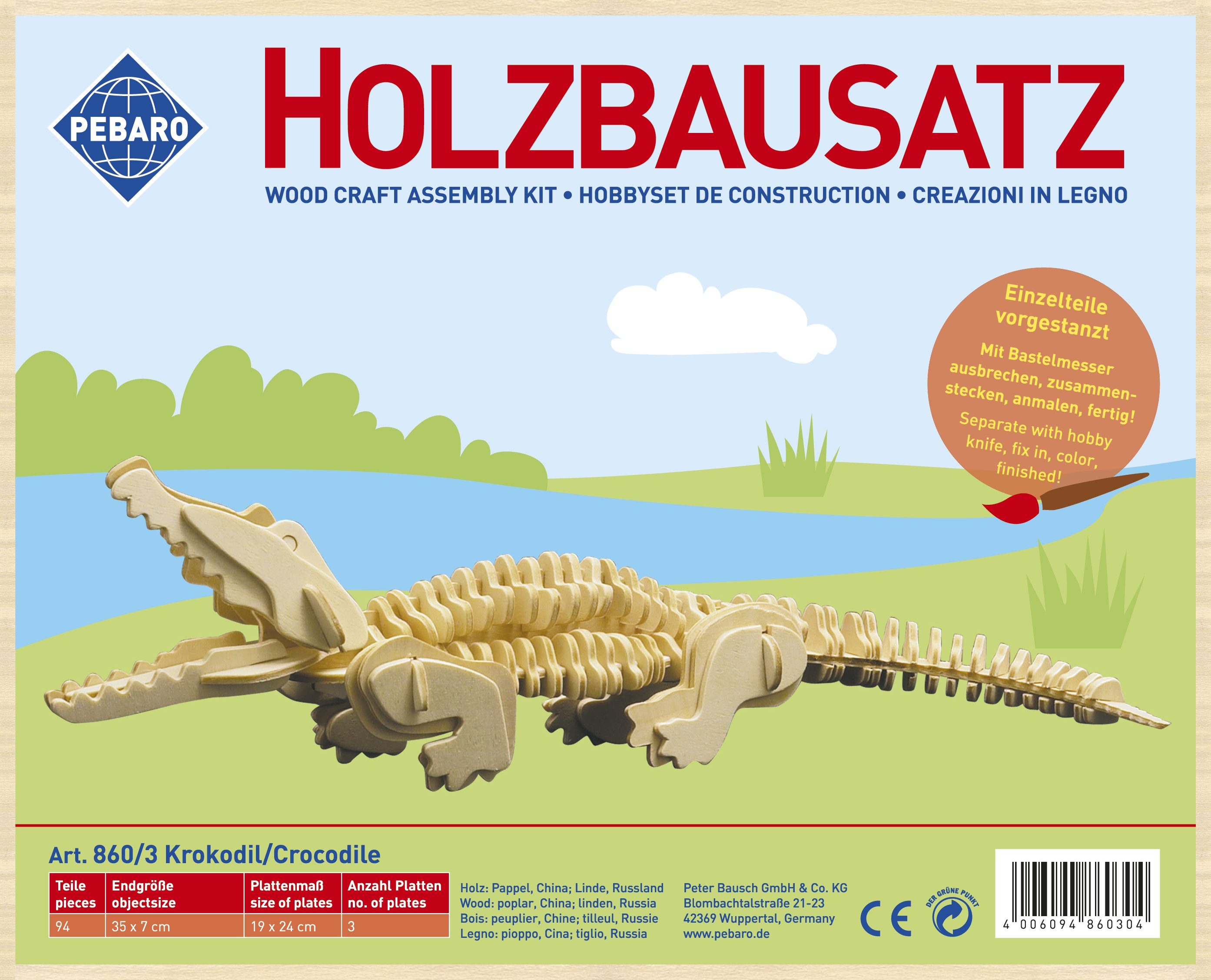 Krokodil, 3D-Puzzle Pebaro 94 860/3, Holzbausatz Puzzleteile