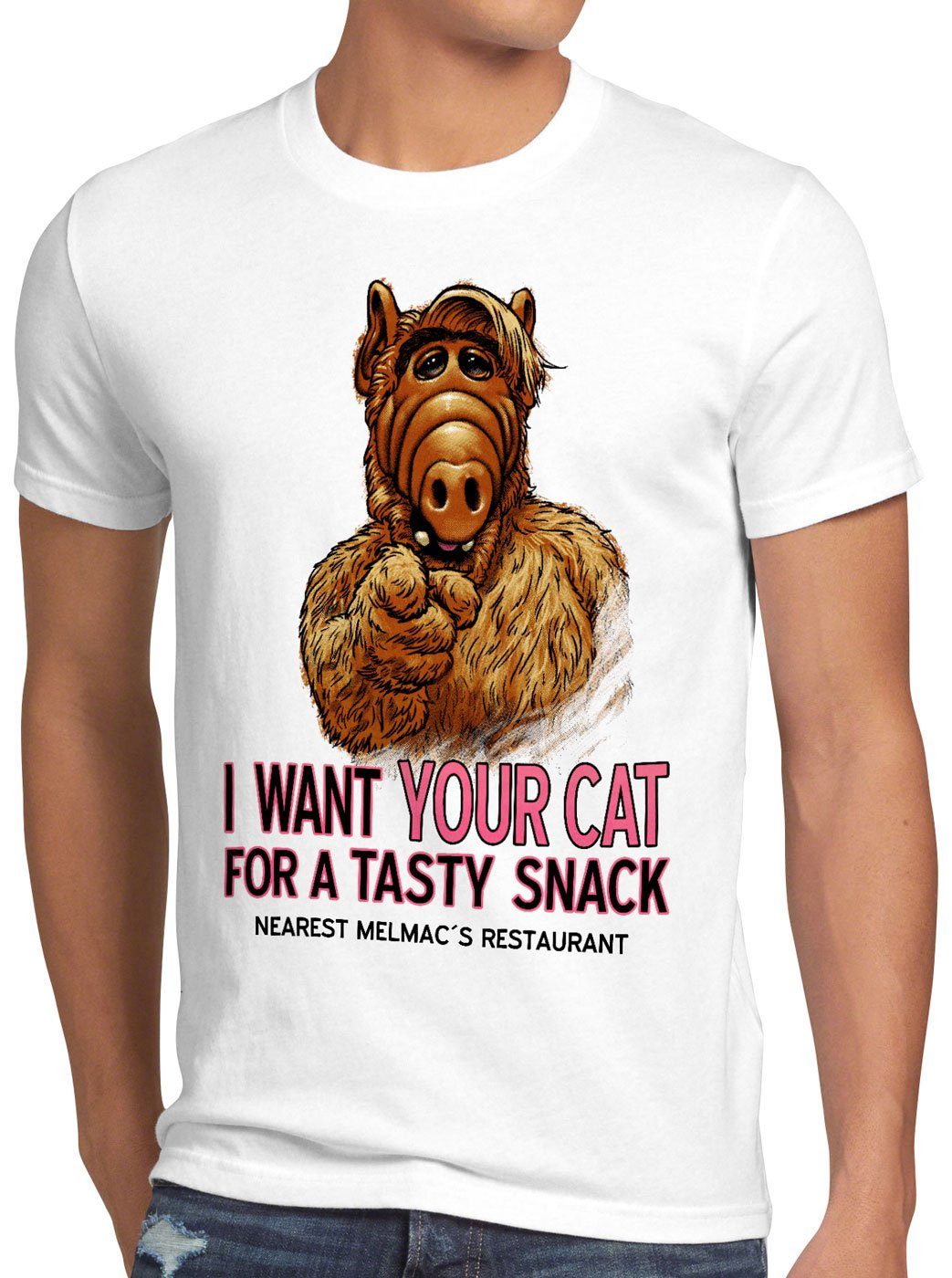 style3 Print-Shirt Herren T-Shirt I Want Your Cat alf melmac sitcom weiß