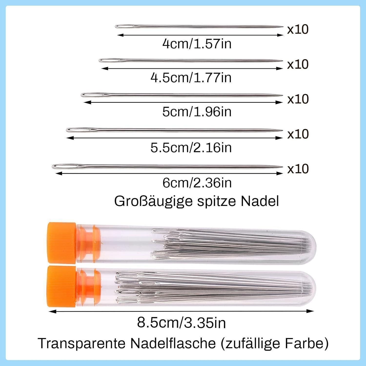 LuxusKollektion Big-Eye-Nadeln 50 Premium-Nadeln mit großem Öhr, 5 Größen, Ledernadel Stickgarn