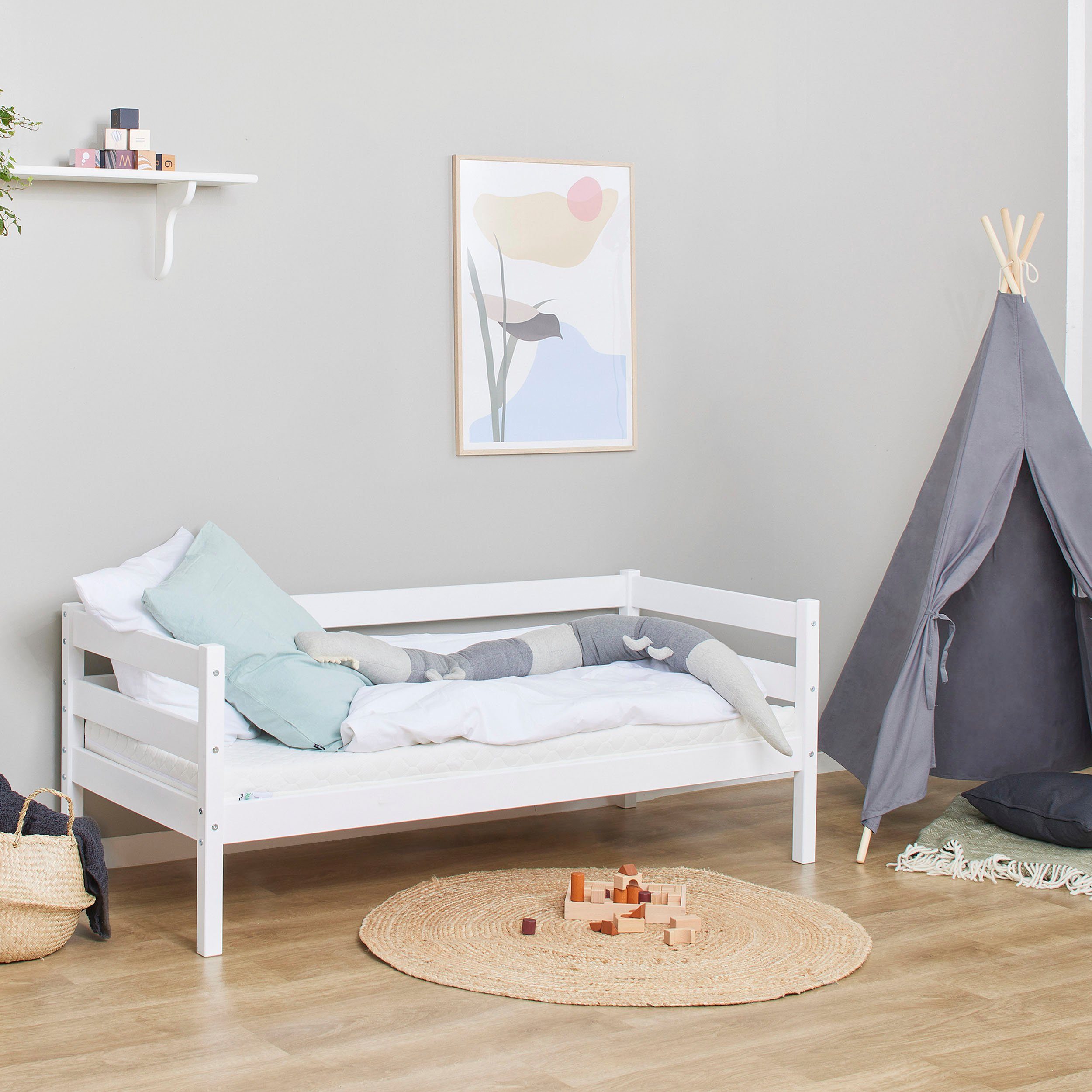 Hoppekids Einzelbett ECO Comfort Kinderbett, Kiefer Massivholz, Jugendbett inkl. Rollrost, 70x160 cm, wahlweise in verschieden Farben/ Matratze/ Absturzsicherung