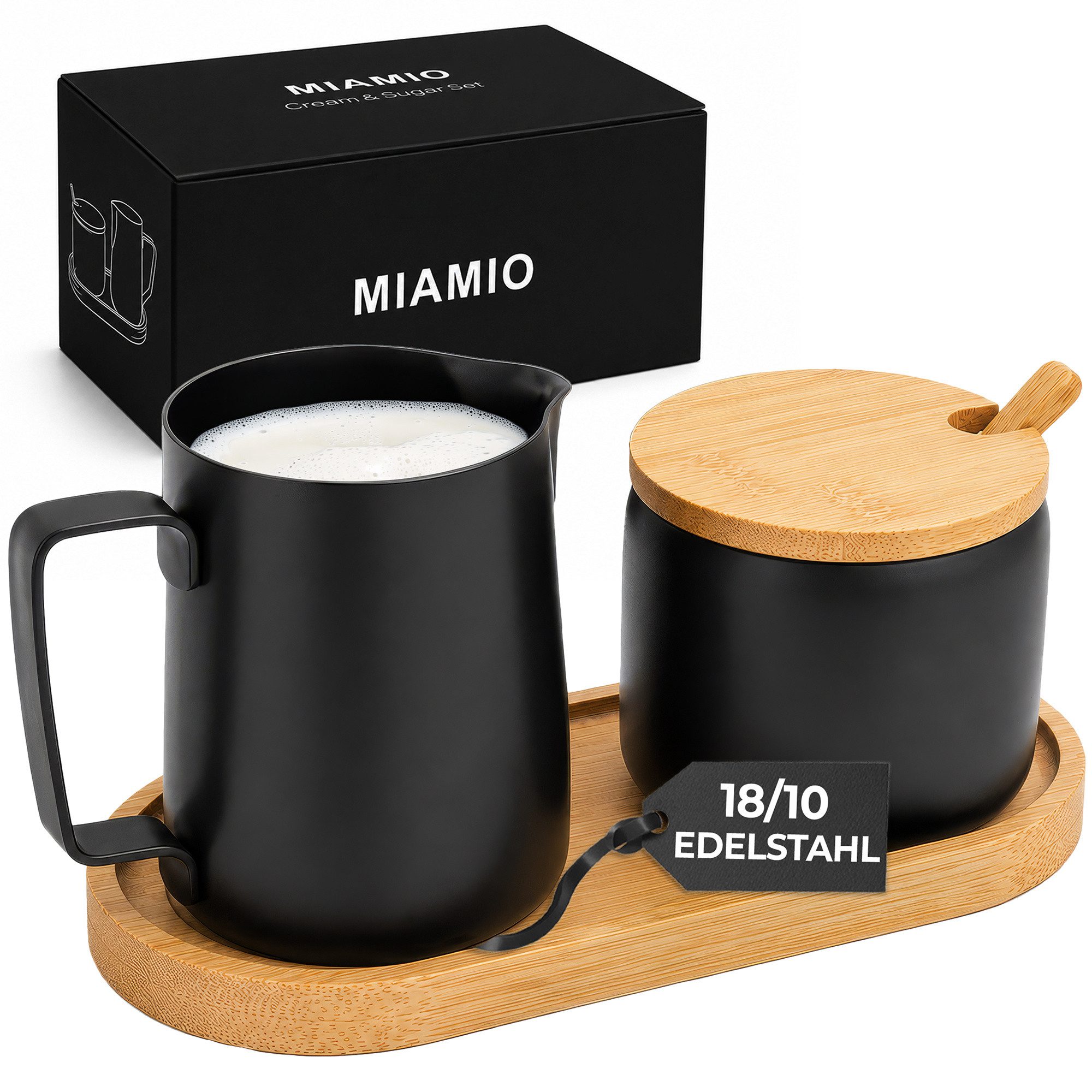 MiaMio Milch- und Zuckerset mit Serviertablett, mattschwarz (5-tlg), Edelstahl, Sahnekännchen 330 ml und Zuckerdose 270 ml