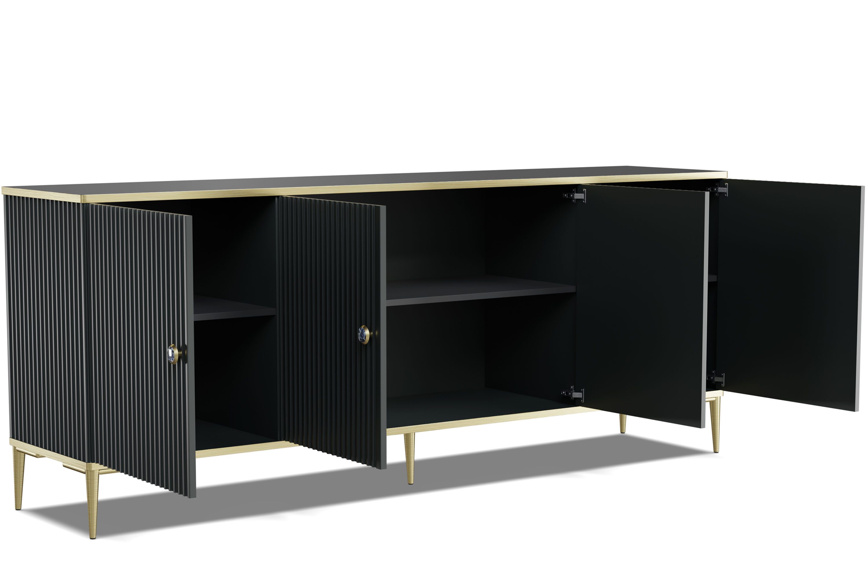 KONSIMO® Kommode EBIS Sideboard, Türkommode, Glamour, goldene Füße 15 cm, ABS-verstärkte Kanten, mit dekorativer Fräsung, Griffe mit Marmordekor