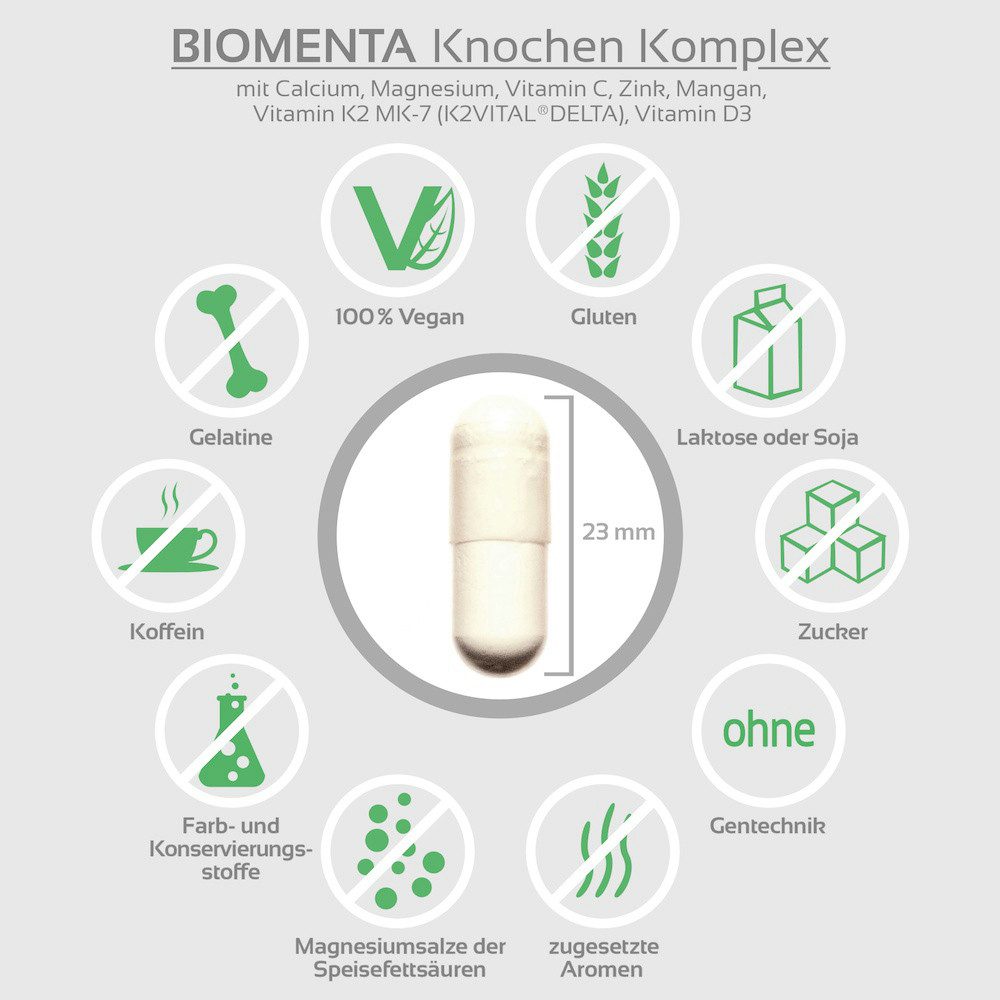 BIOMENTA Knochen Komplex - 120 Knochen Kapseln mit Calcium, Vitamin K2 uvm. Kapseln, 120 St., 130.03 g