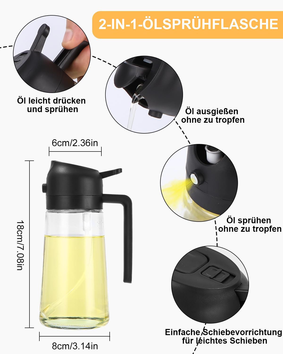 SinLaw Ölspender 2 in 1 Essig- und Ölsprüher Set, 500 ml Speiseöl Sprühflasche, (1-tlg), Leicht zu reinigen, gleichmäßiges Sprühen