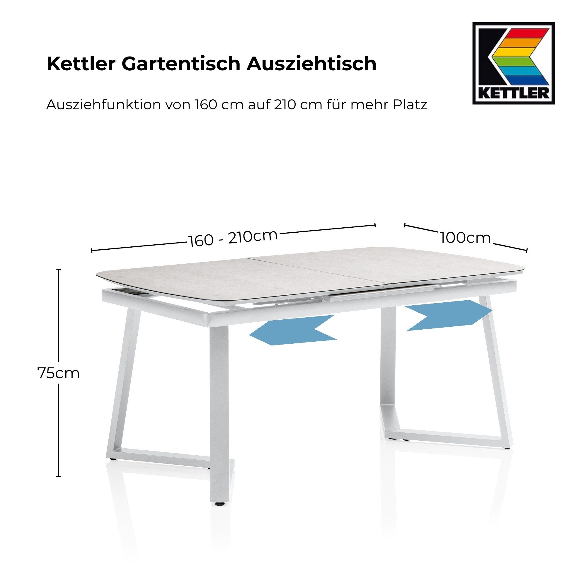 KETTLER Gartentisch Kettler Gartentisch Ausziehtisch 160/210 x 95 cm Alu Glas Keramik