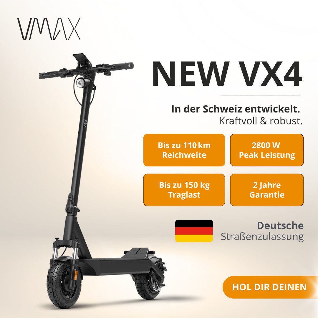 VMAX E-Scooter VMAX NEW VX4 E-Scooter mit Straßenzulassung, 100 km Reichweite, 500 W, bis zu 110 km Reichweite