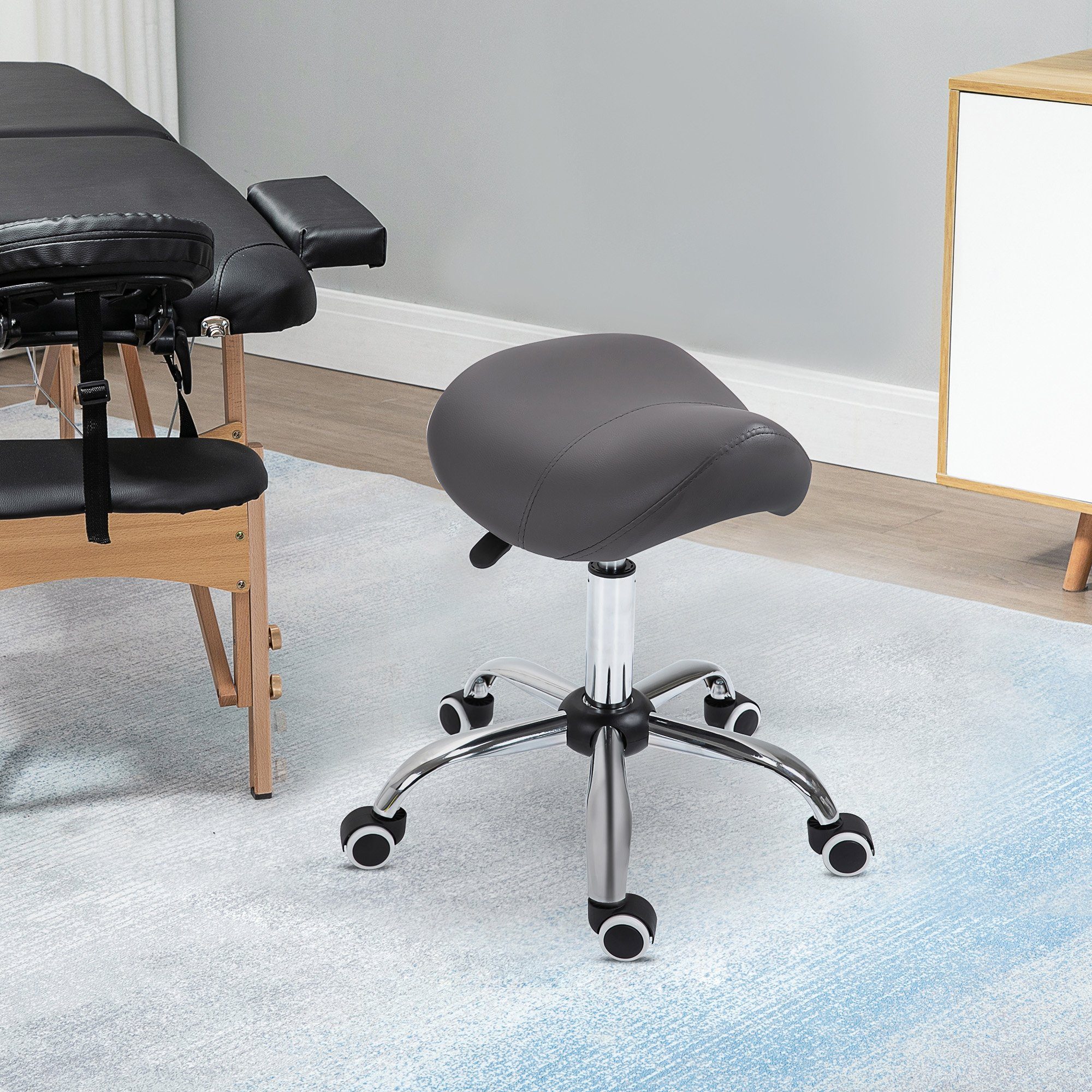 HOMCOM Rollsitz Höhenverstellbarer Salonhocker Поворотний табурет mit Rädern (Kosmetikhocker, 1 St., Arbeitshocker), Grau 52 x 53 x 49-61 cm