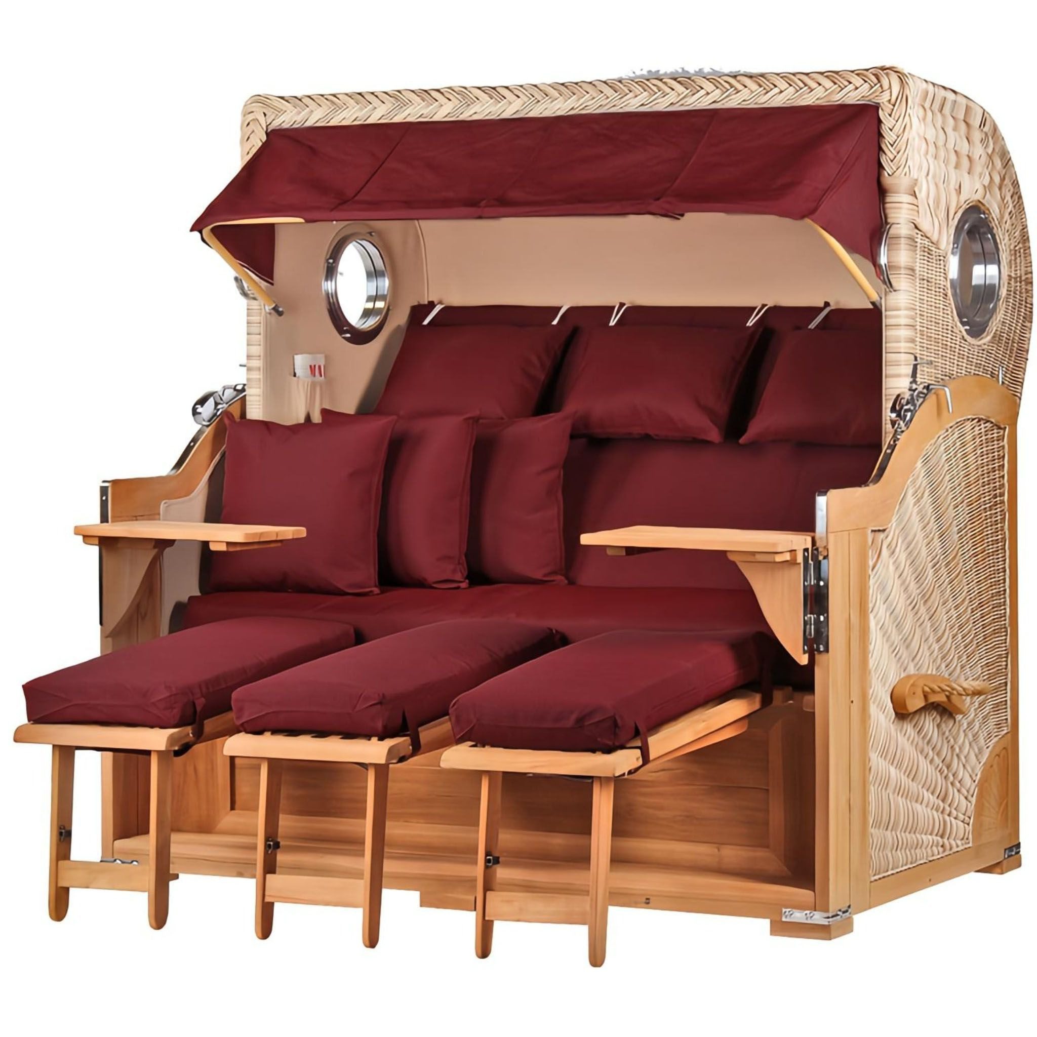 bene living Strandkorb Königssee 3-Sitzer Teak - PE shell - Modell 550, BxTxH: 170x95x170 cm, Volllieger, Königssee 3-Sitzer Teak, (Strandkorb-Komplettset, 5-tlg., Strandkorb inkl. Liftersystem und umfangreichem Zubehör), mit Windschutzfolie, Bistrotischen und bequemer Polsterung