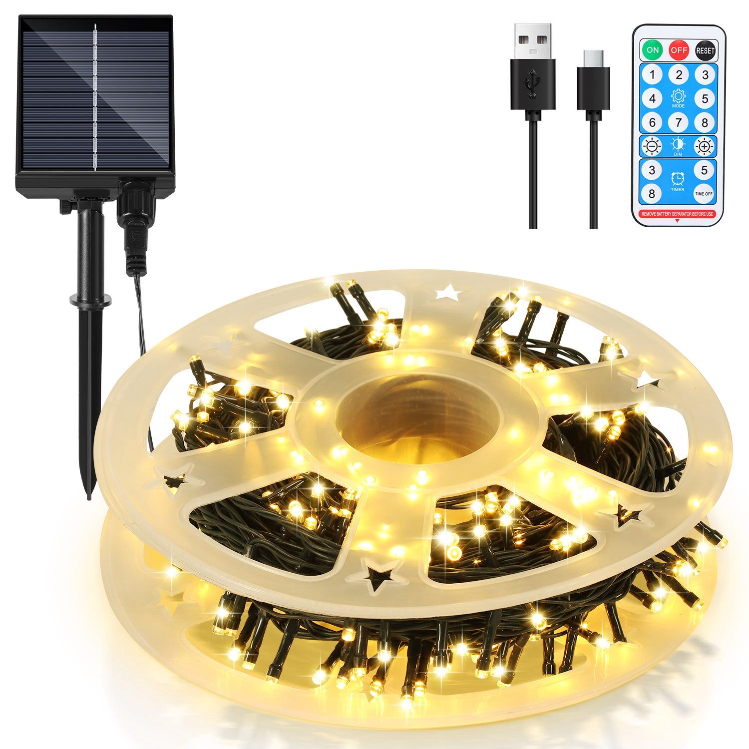 Clanmacy LED-Lichterkette 30M 300LEDs LED-Lichterkette 2X Solar Lichterkette Aussen Warmweiß, Weihnachten