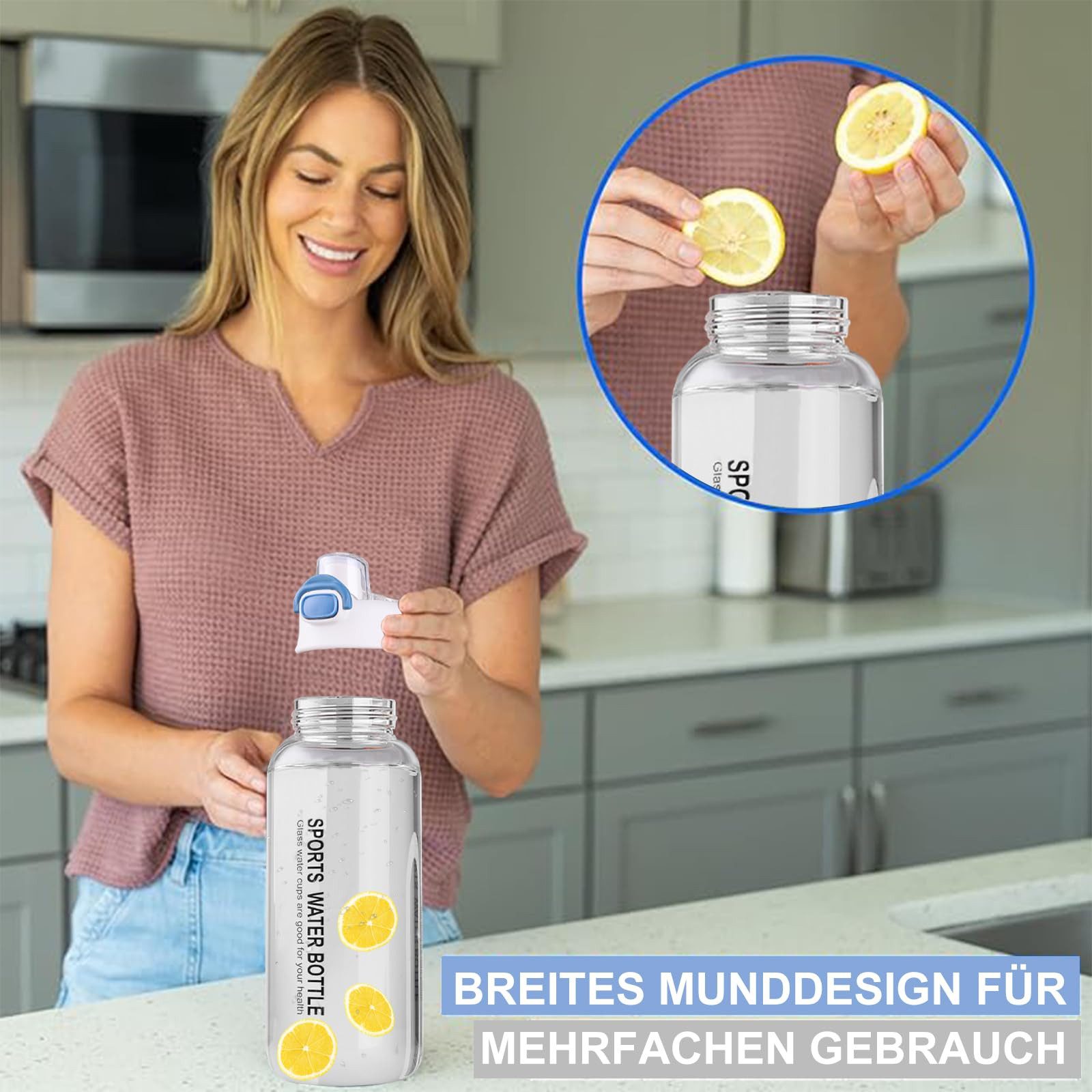 Coonoor Trinkflasche Glasflasche,Wasserflasche mit Filter & Bürste, BPA-Frei, Trinkflasche, Sport Auslaufsicher, für Fitness, Büro, Schule, Yoga, Outdoor