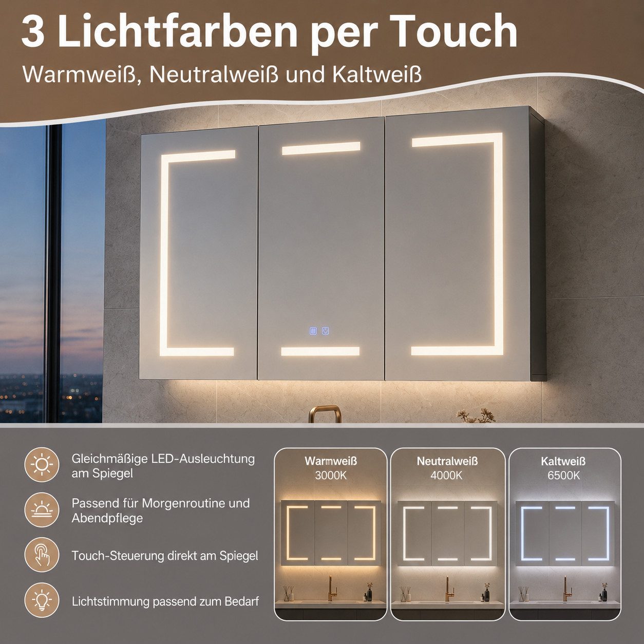 Simurq Badezimmerspiegelschrank Spiegelschrank 100cm mit 3 Spiegeltüren & LED, Anti-Beschlag. (Set, 1-St., Spiegelschrank) 3 Spiegeltüren, Breite 100 cm – Bild 4 von 5
