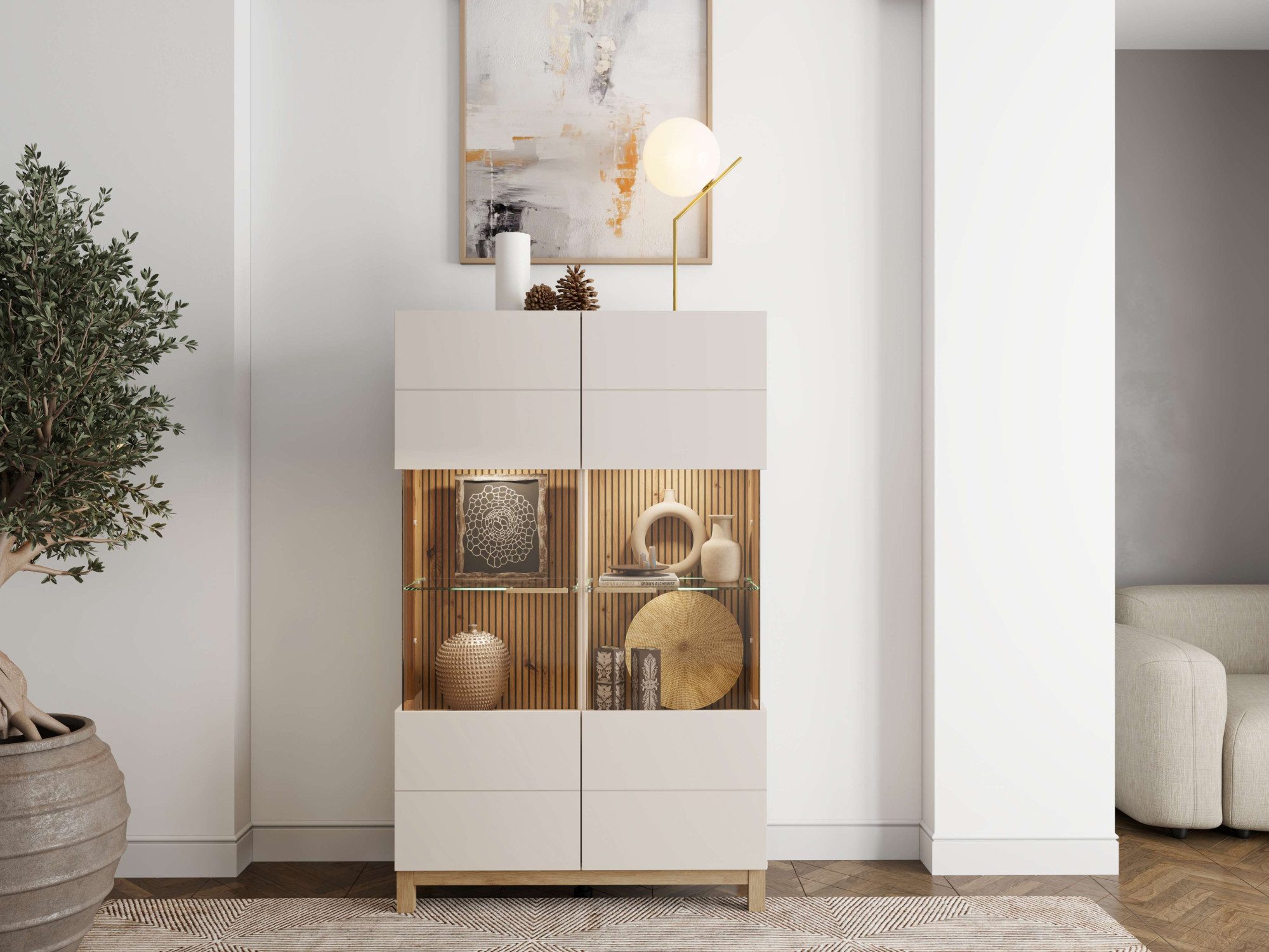 Home affaire Highboard Essex, Hochkommode, Vitrine, Glasvitrine, Kombi-Highboard, Modernes Highboard in Kaschmir mit Glasfront & Lamellen-Optik