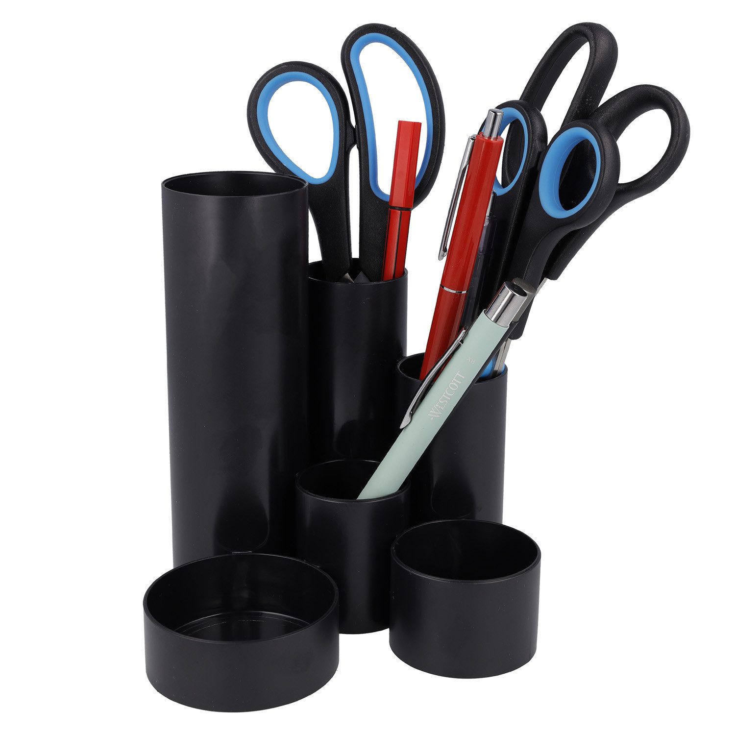 WESTCOTT Organizer Stiftehalter Schwarz recycelt, Stifteköcher mit 6 runden Fächern, Schreibtisch Organizer, Blauer Engel zertifiziert