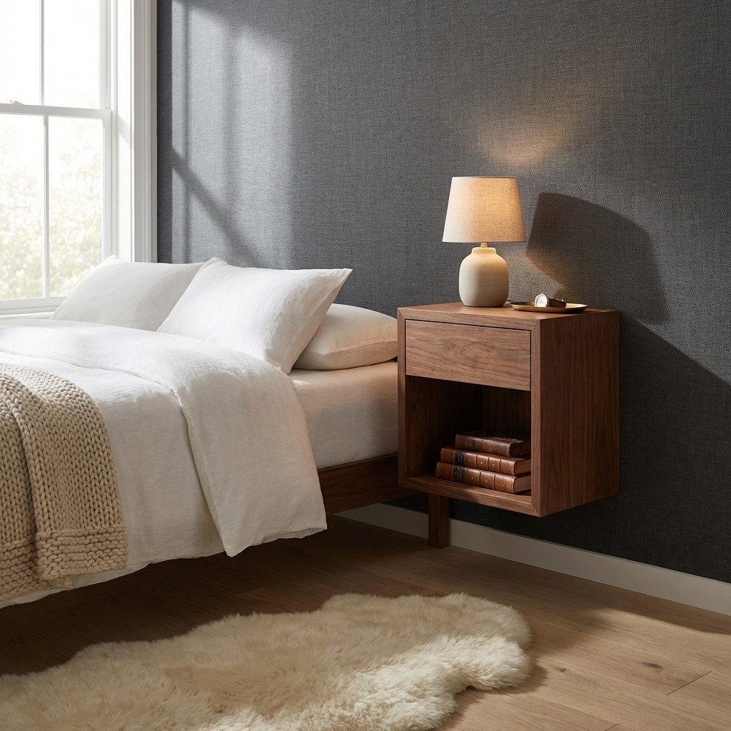 Woodek Design Nachttisch HUGO, schwebender Wandschrank im skandinavischem Design H39xB39xT30cm (Beistelltisch aus matt lackiertem Walnussholz, 1-St., elegantes Wandregal), Nachtkommode mit Schublade und Ablage