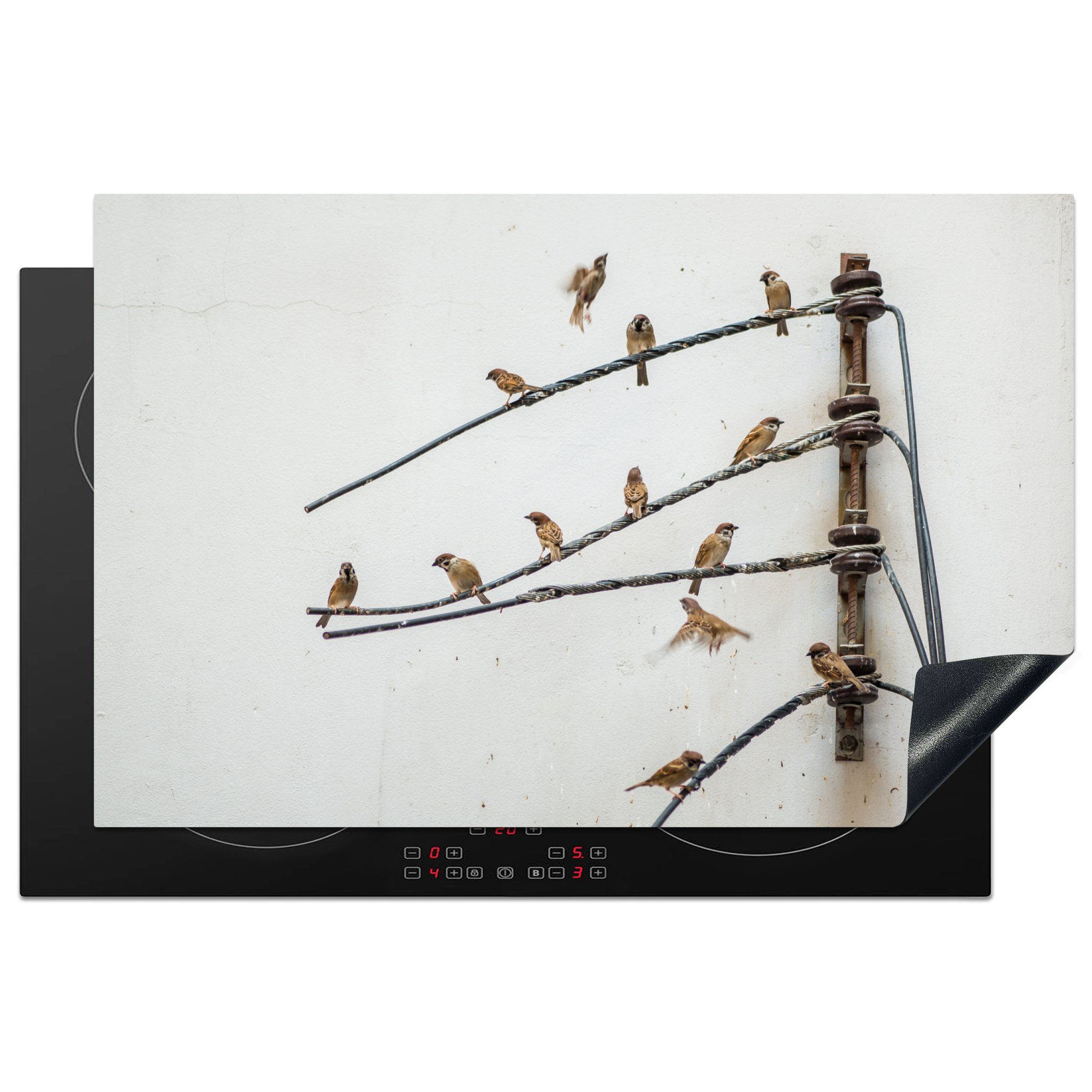 MuchoWow Herdblende-/Abdeckplatte Schwarm von Ringeltauben auf elektrischen Drähten, Vinyl, (1 tlg), 81x52 cm, Induktionskochfeld Schutz für die küche, Ceranfeldabdeckung